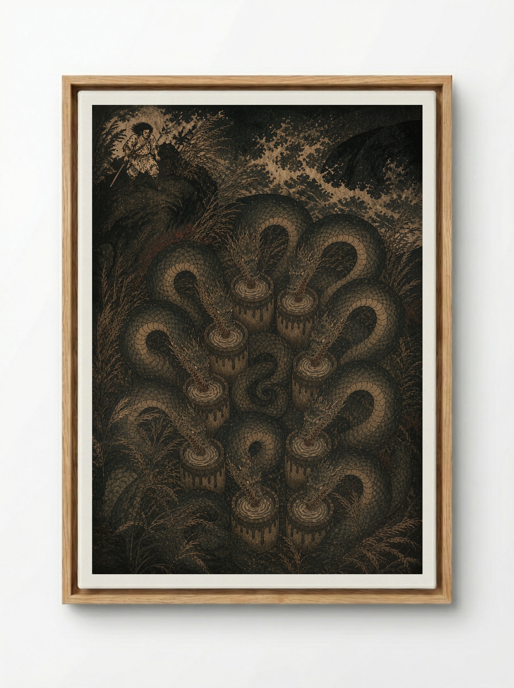 Susanoo and Yamata no Orochi: The serpent reaches the ravine - Framed Canvas Wood