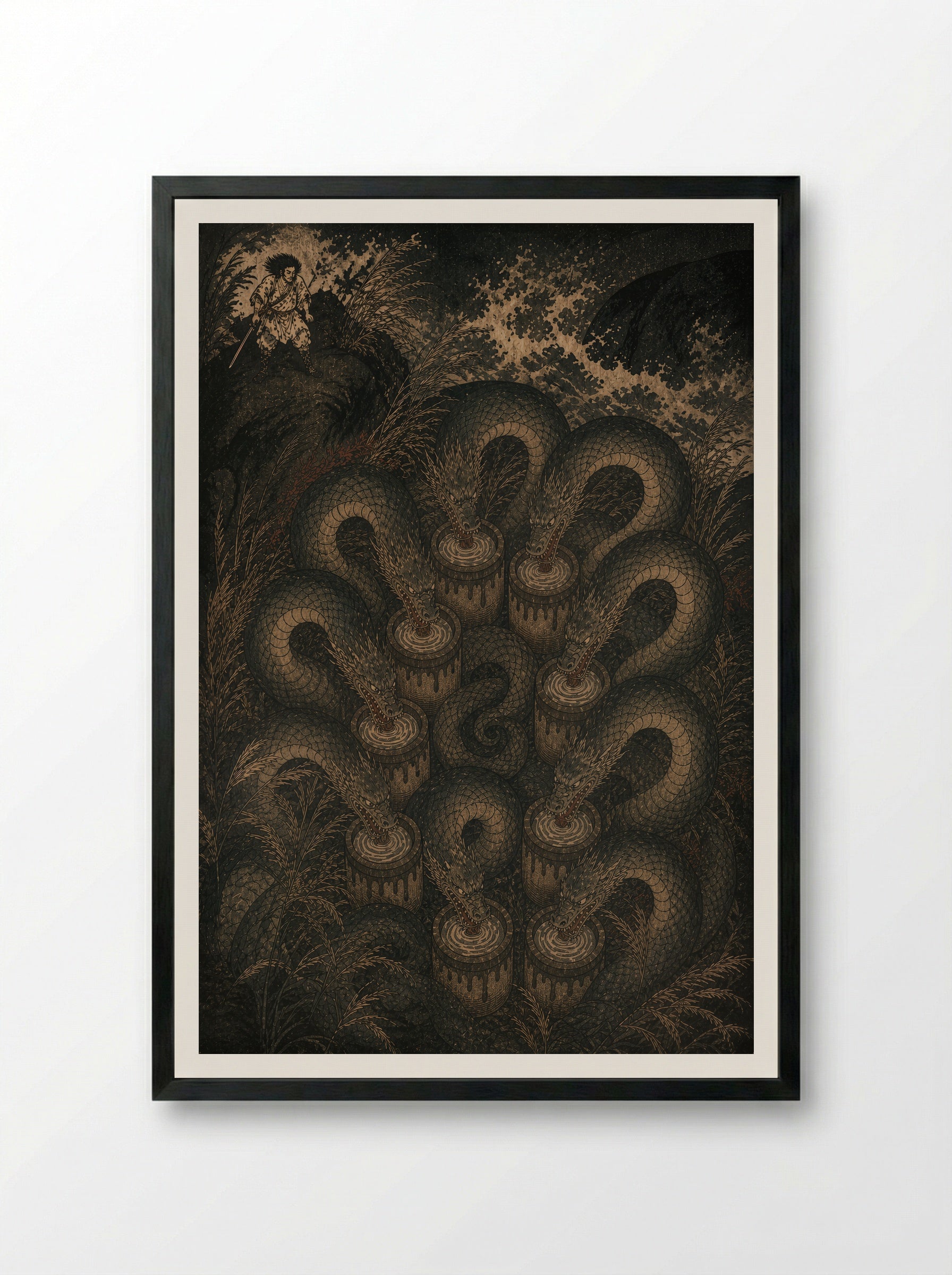 Susanoo and Yamata no Orochi: The serpent reaches the ravine - Framed Print Black