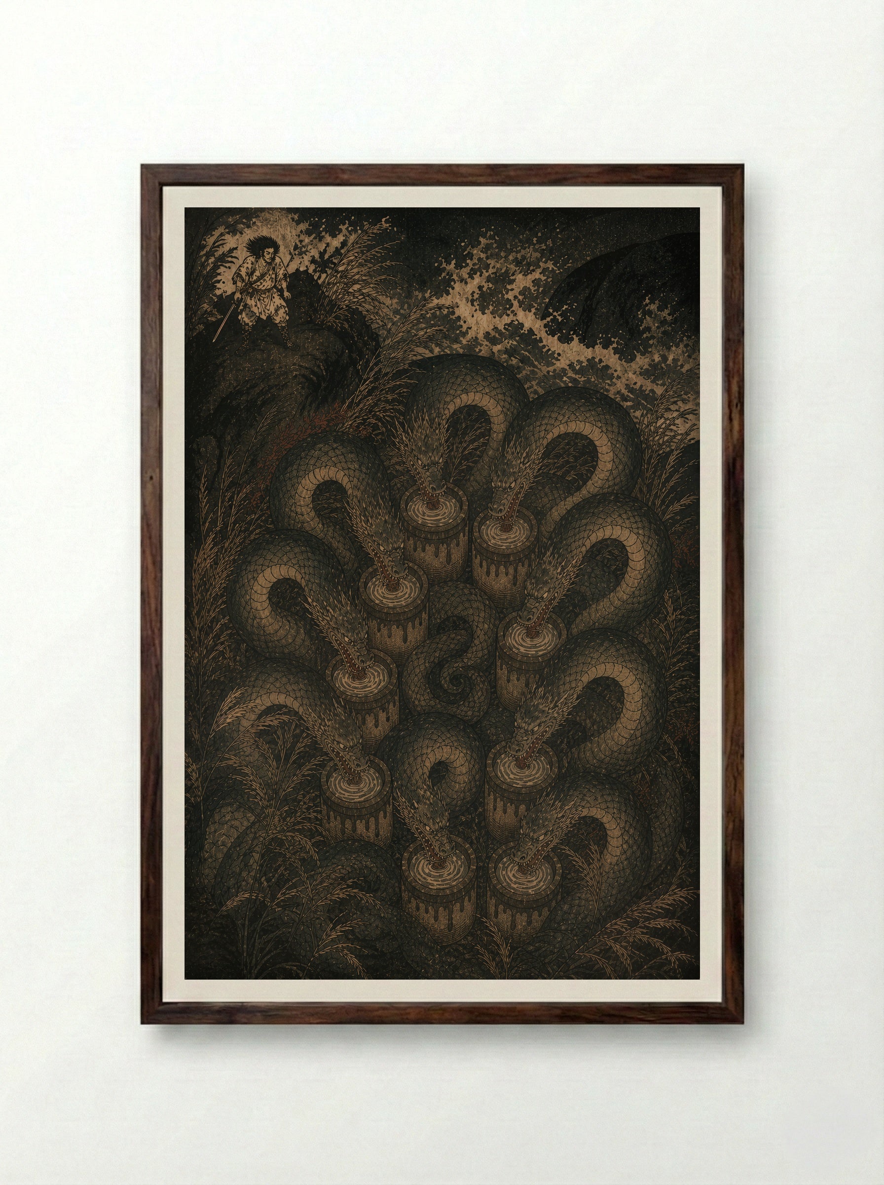 Susanoo and Yamata no Orochi: The serpent reaches the ravine - Framed Print Dark Wood