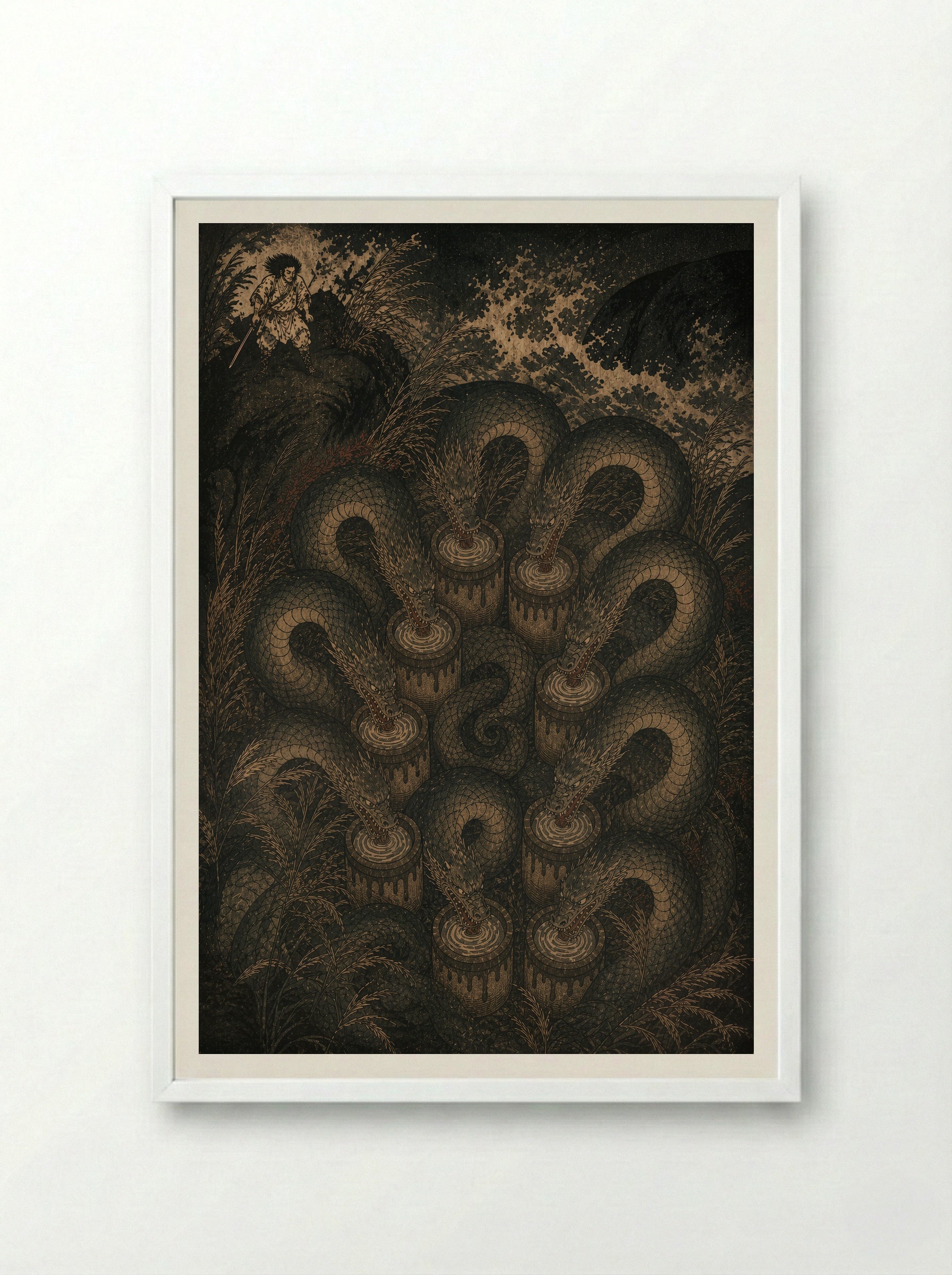 Susanoo and Yamata no Orochi: The serpent reaches the ravine - Framed Print White