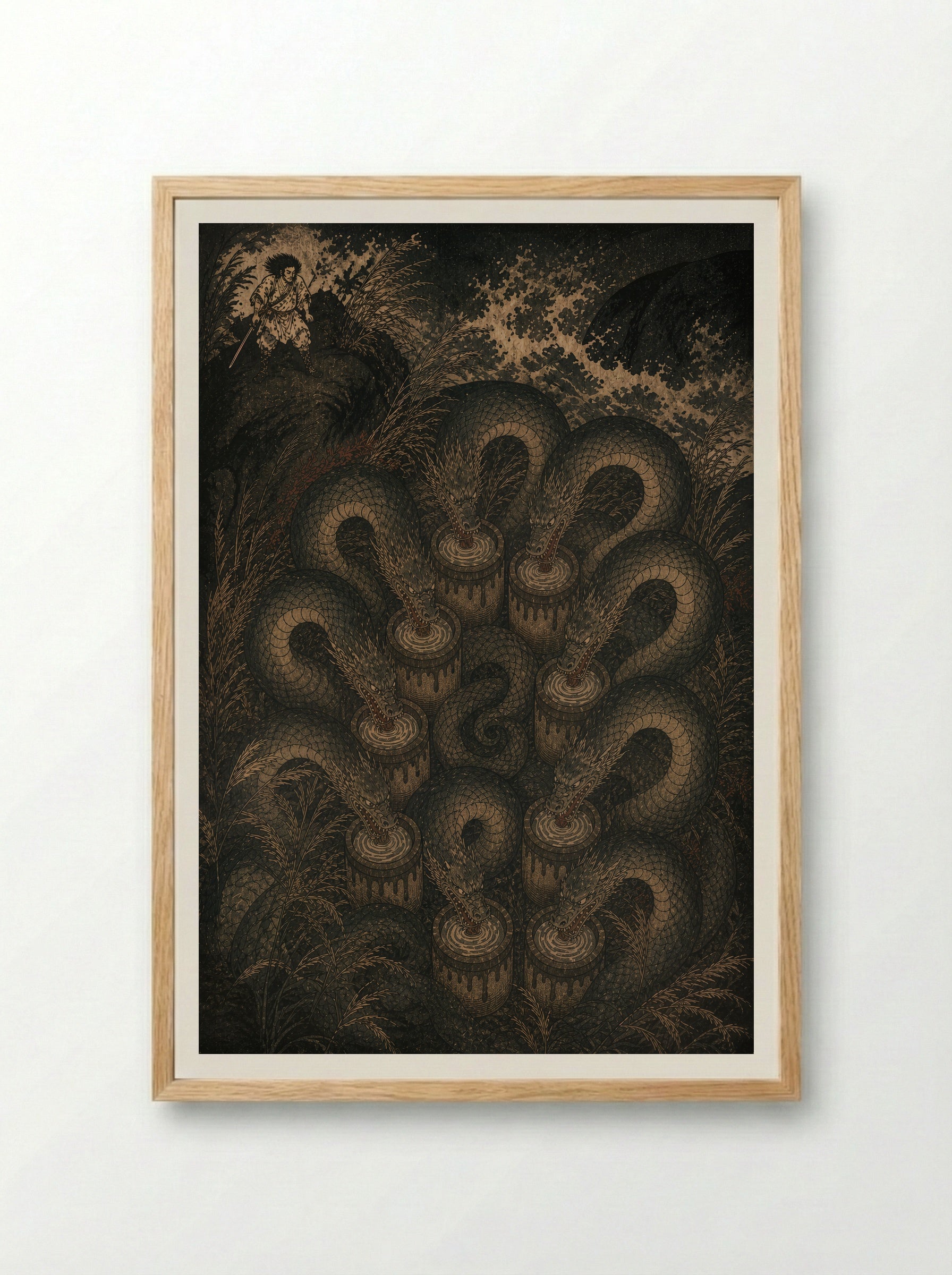 Susanoo and Yamata no Orochi: The serpent reaches the ravine - Framed Print Wood