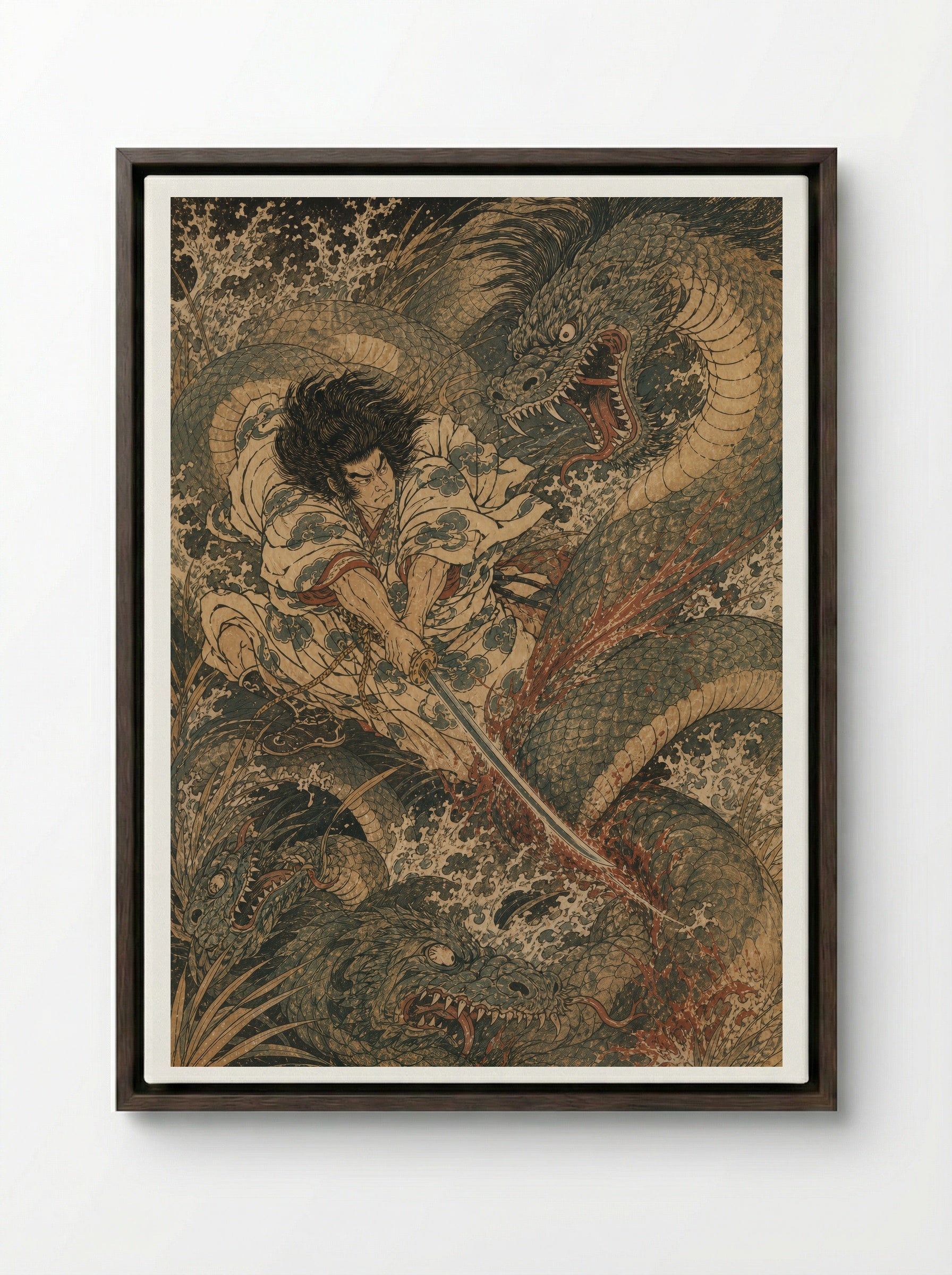 Susanoo and Yamata no Orochi: The sword appears in the tail - Framed Canvas Dark Wood