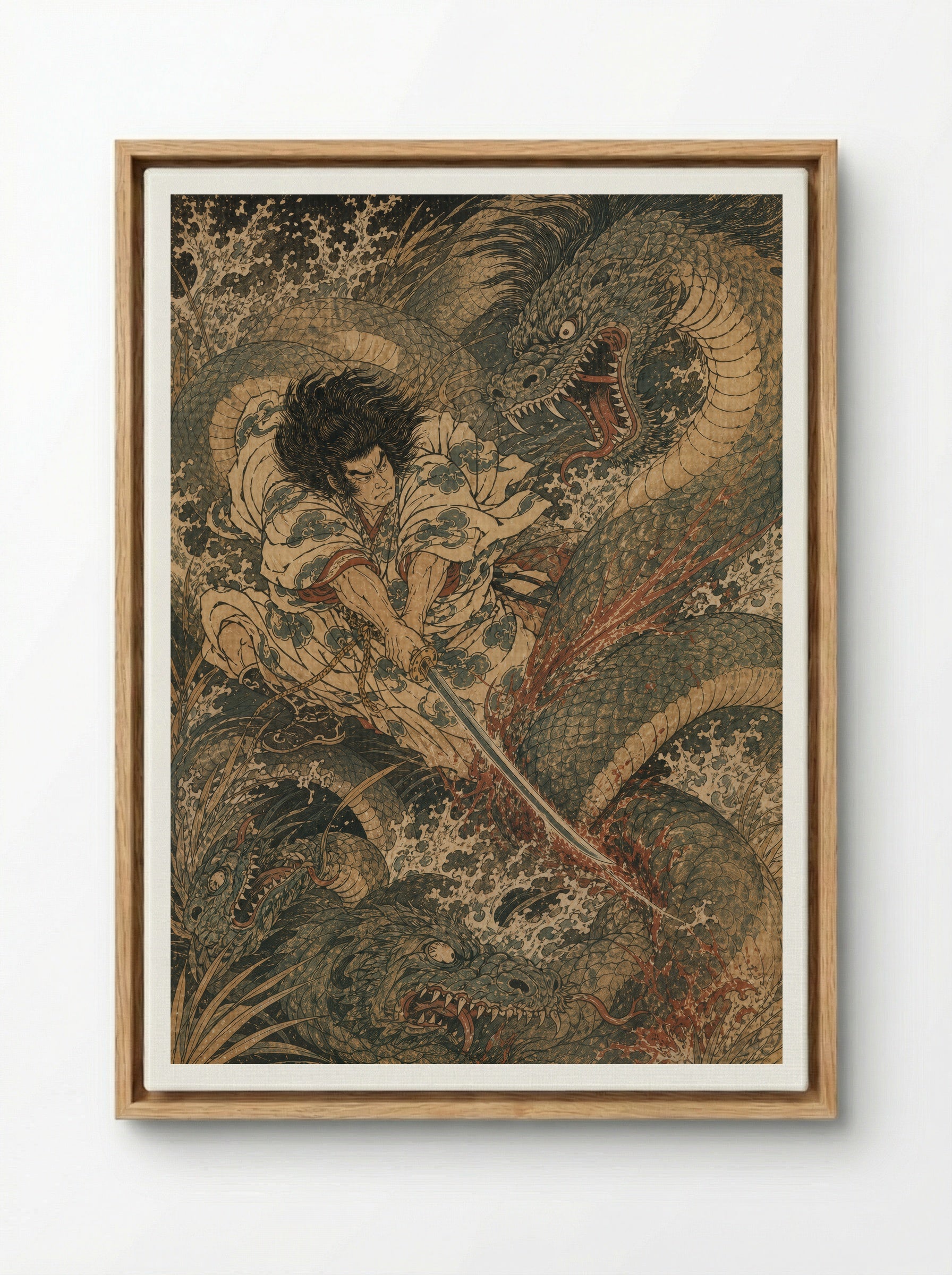 Susanoo and Yamata no Orochi: The sword appears in the tail - Framed Canvas Wood