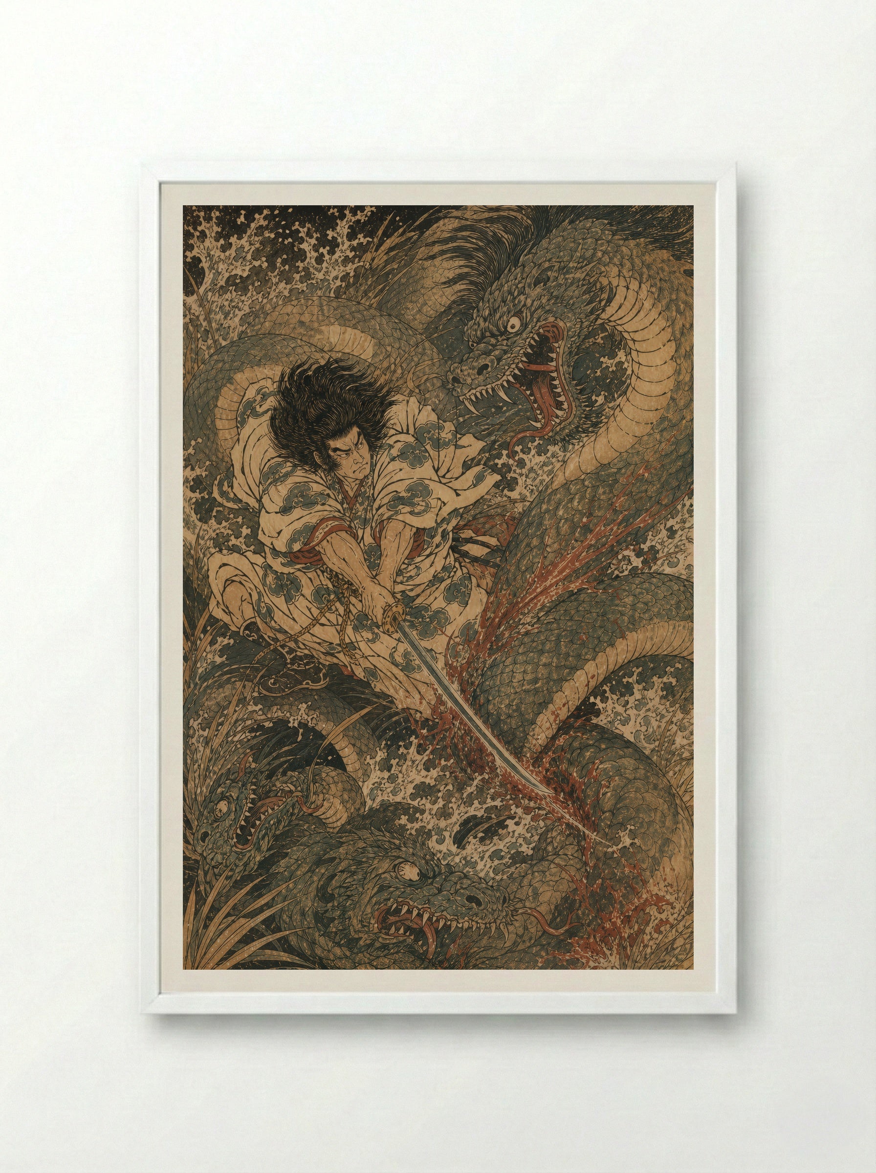 Susanoo and Yamata no Orochi: The sword appears in the tail - Framed Print White