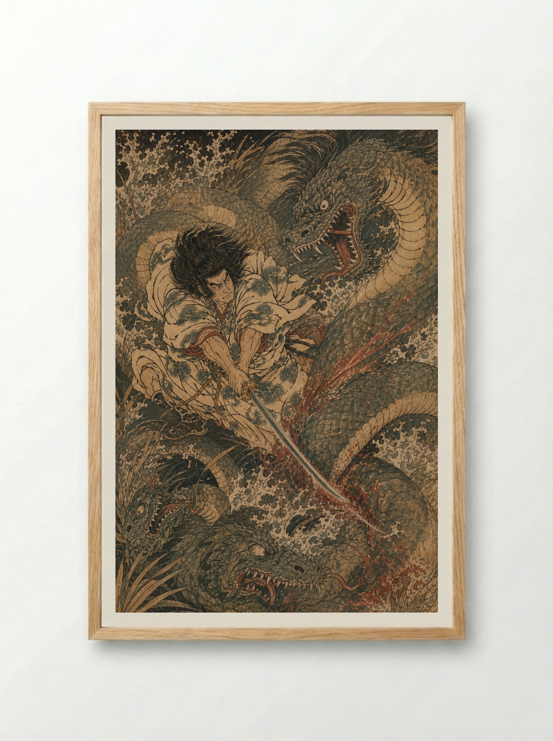 Susanoo and Yamata no Orochi: The sword appears in the tail - Framed Print Wood