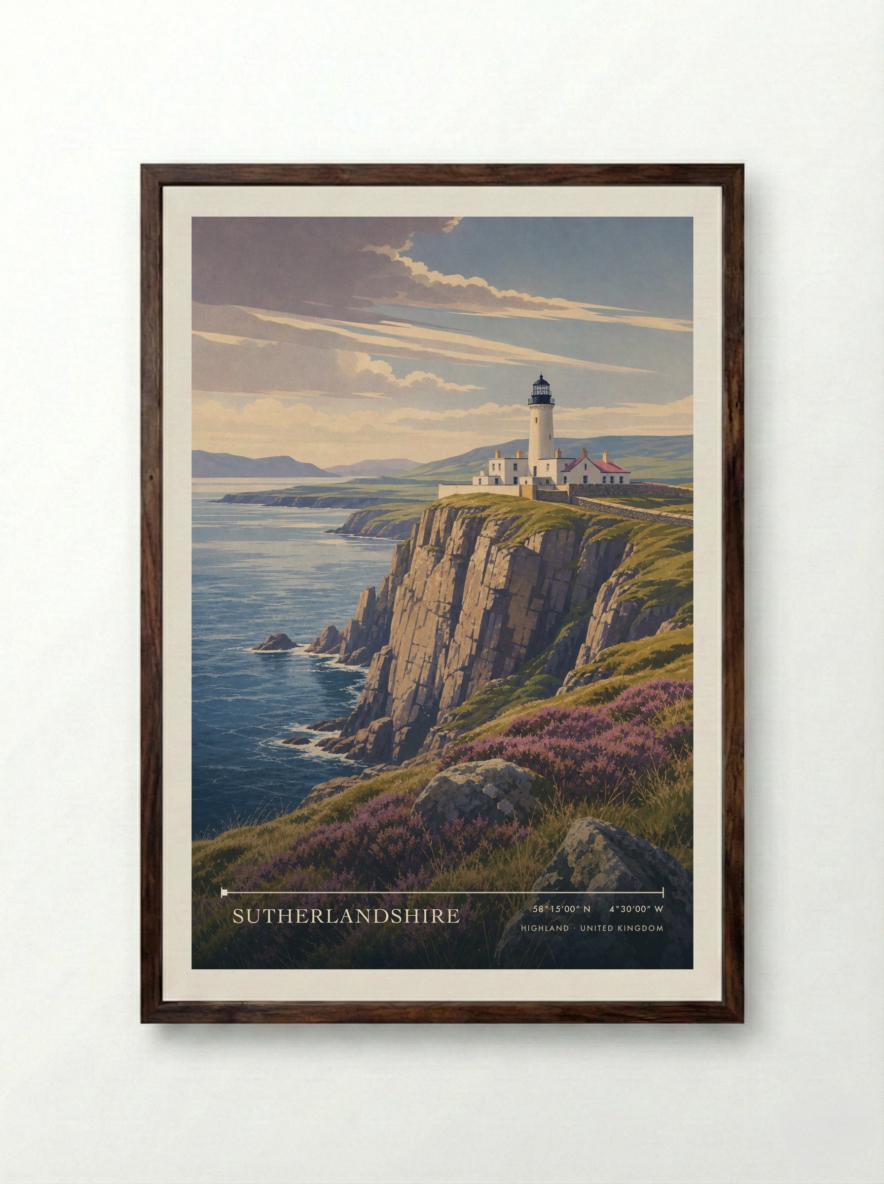 Sutherlandshire Highland United Kingdom Travel Poster - Framed Print Dark Wood