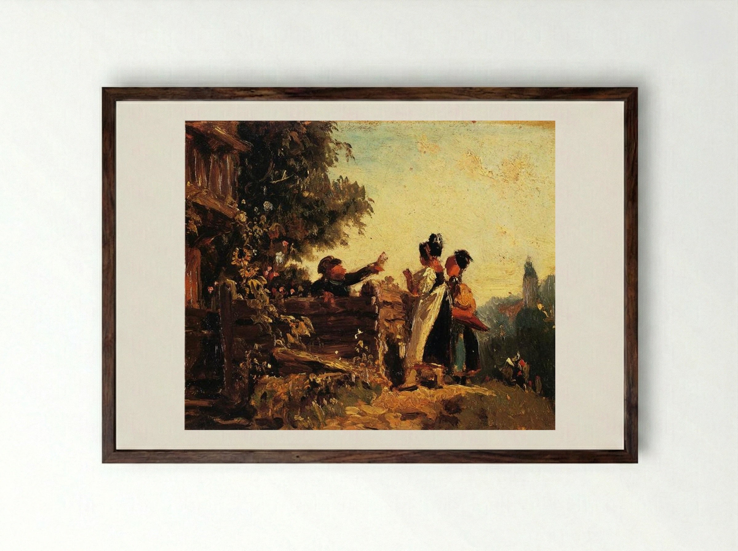Swabian Girls at a Garden Fence - Carl Spitzweg - Framed Print Dark Wood