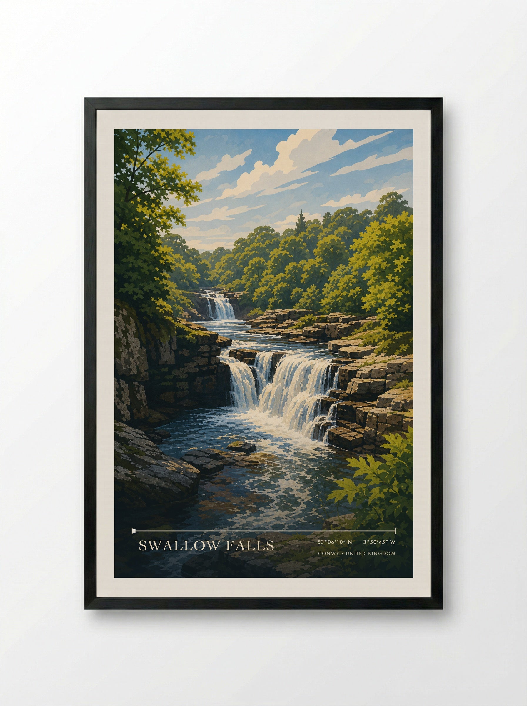 Swallow Falls Conwy United Kingdom Travel Poster - Framed Print Black