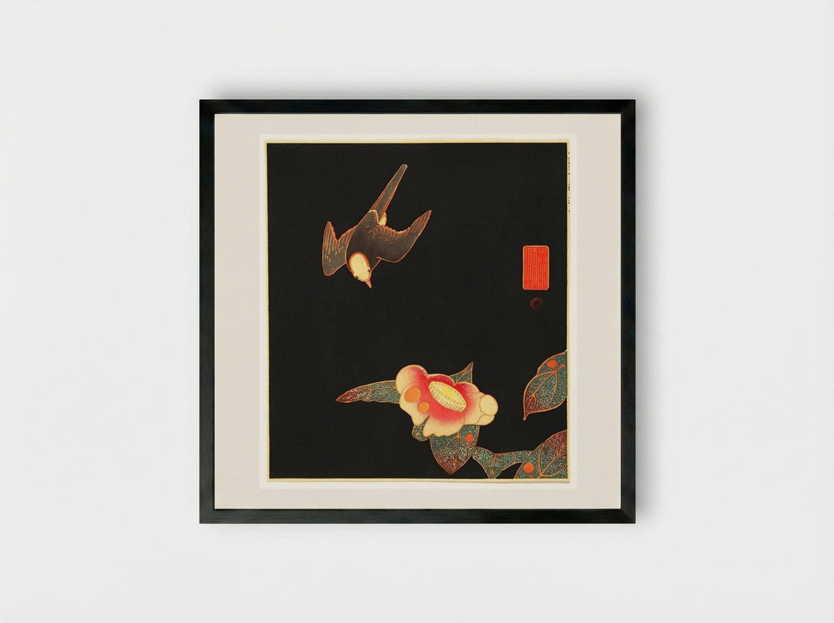 Swallow and Camellia - Ito Jakuchu - Framed Print Black