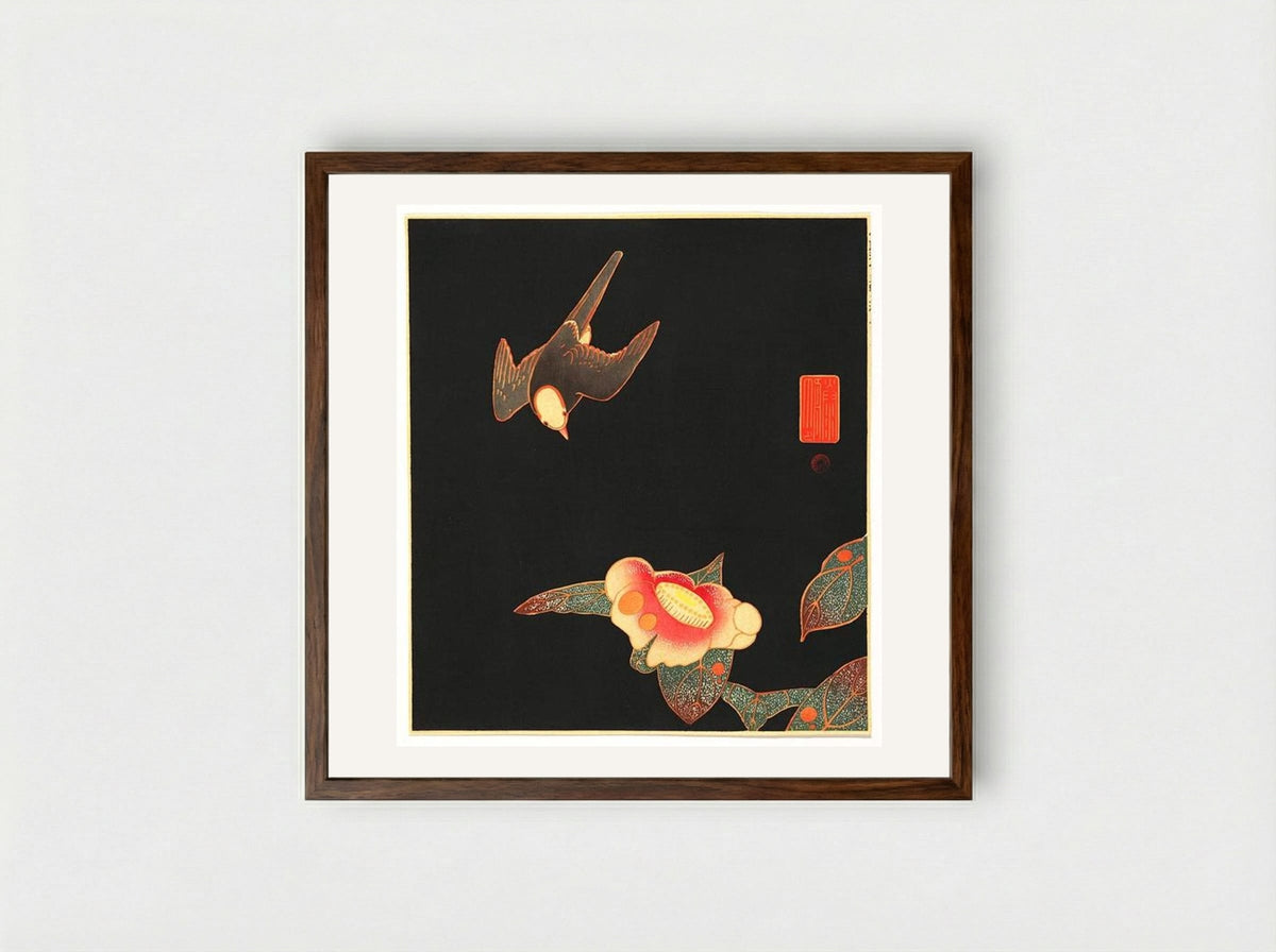 Swallow and Camellia - Ito Jakuchu - Framed Print Dark Wood