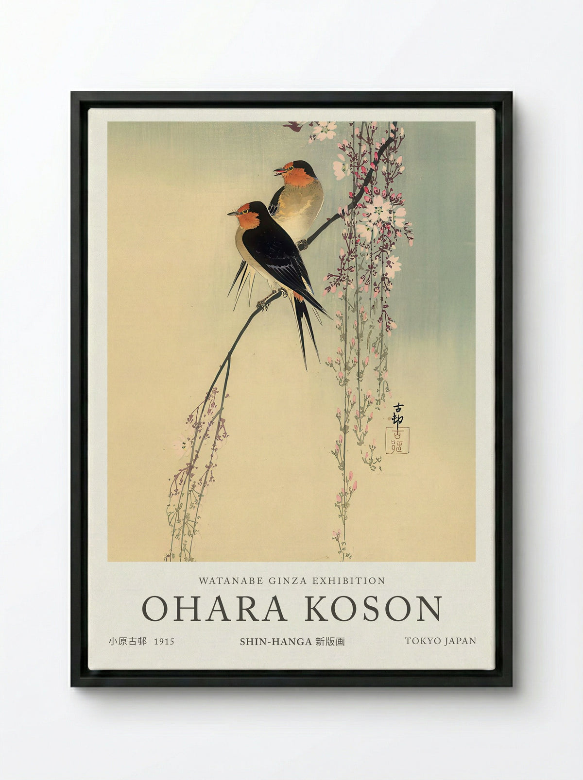 Swallows With Cherry Blossom - Ohara Koson - Framed Canvas Black