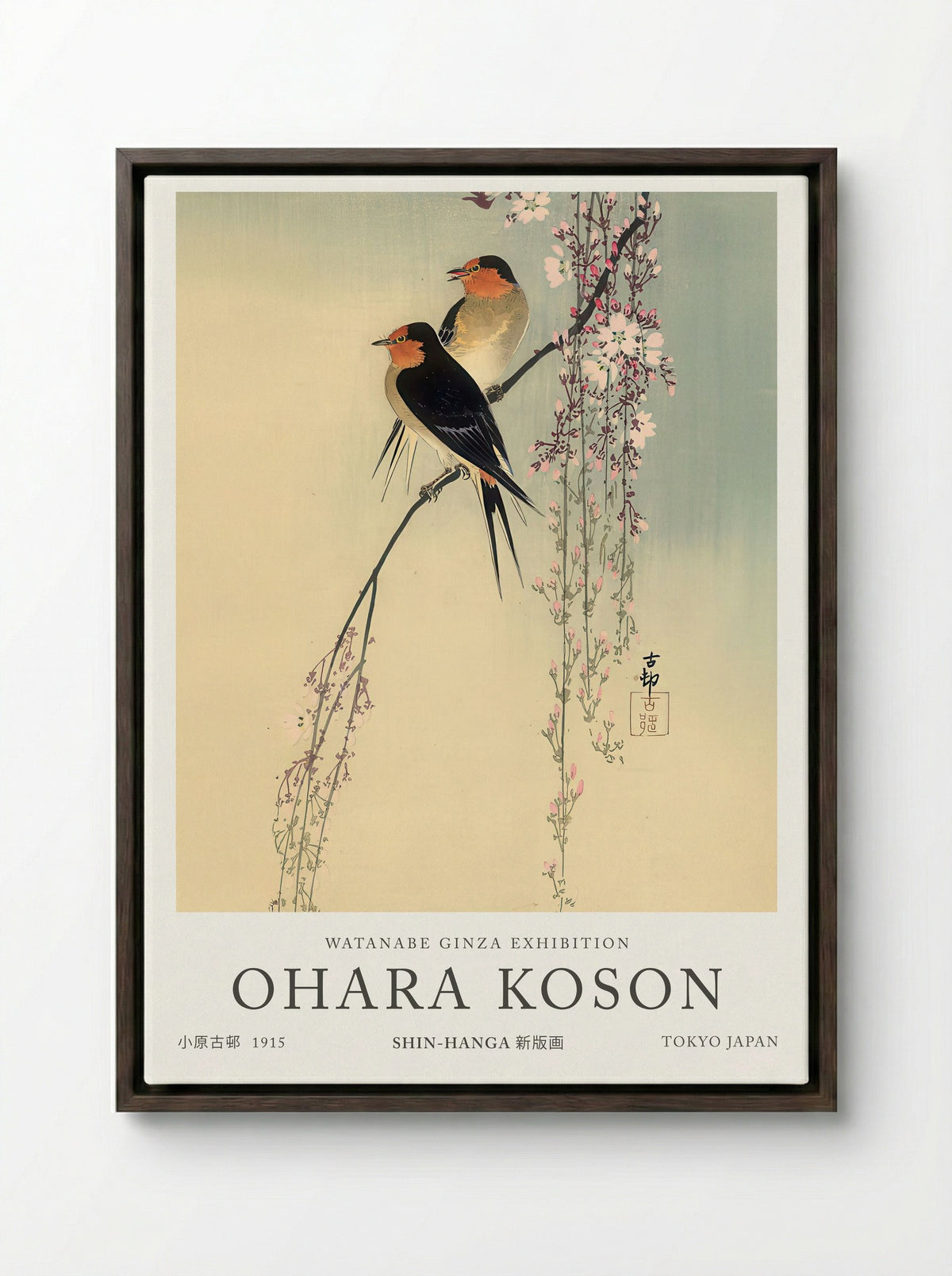 Swallows With Cherry Blossom - Ohara Koson - Framed Canvas Dark Wood