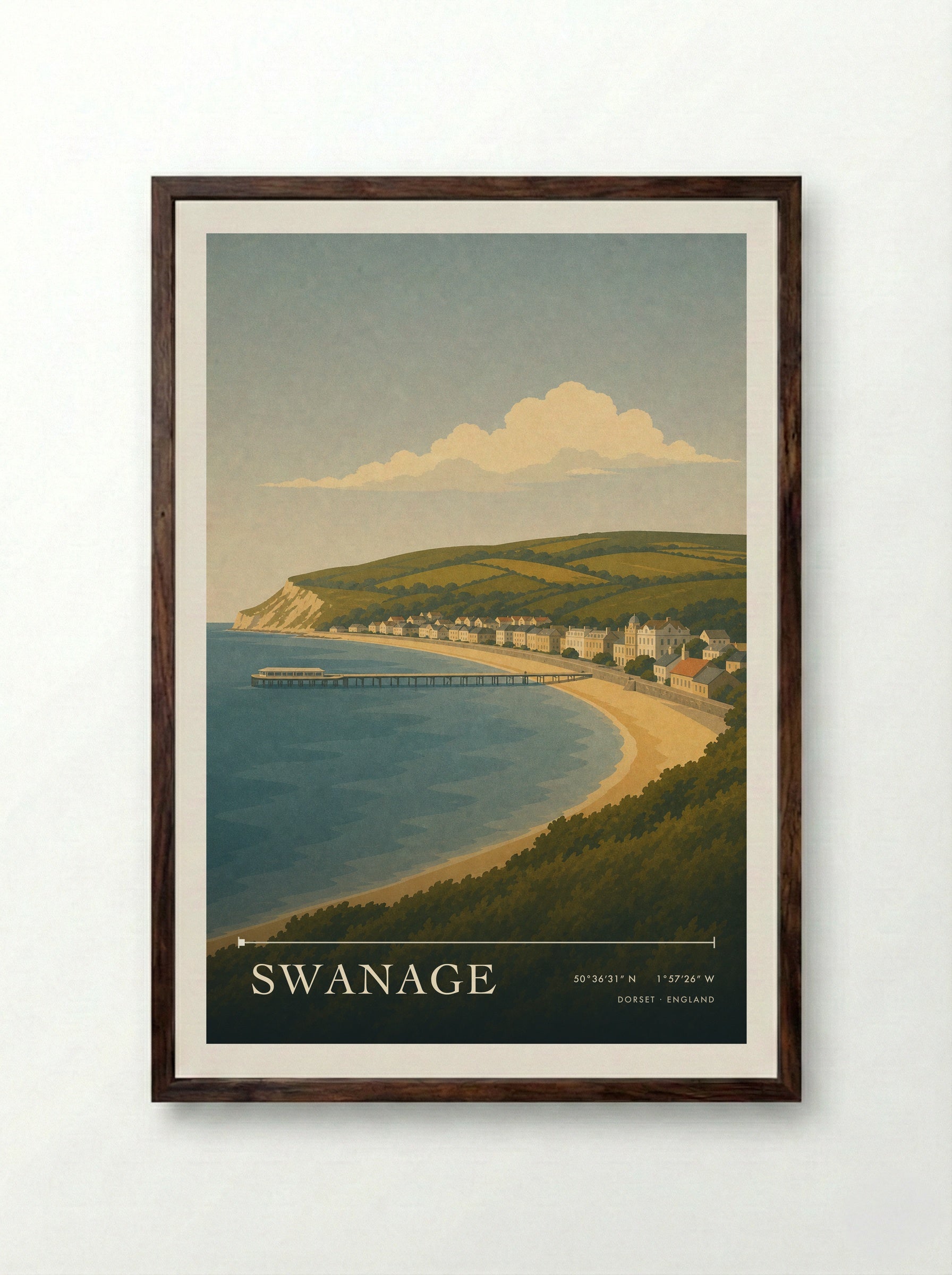 Swanage Dorset Travel Poster - Framed Print Dark Wood