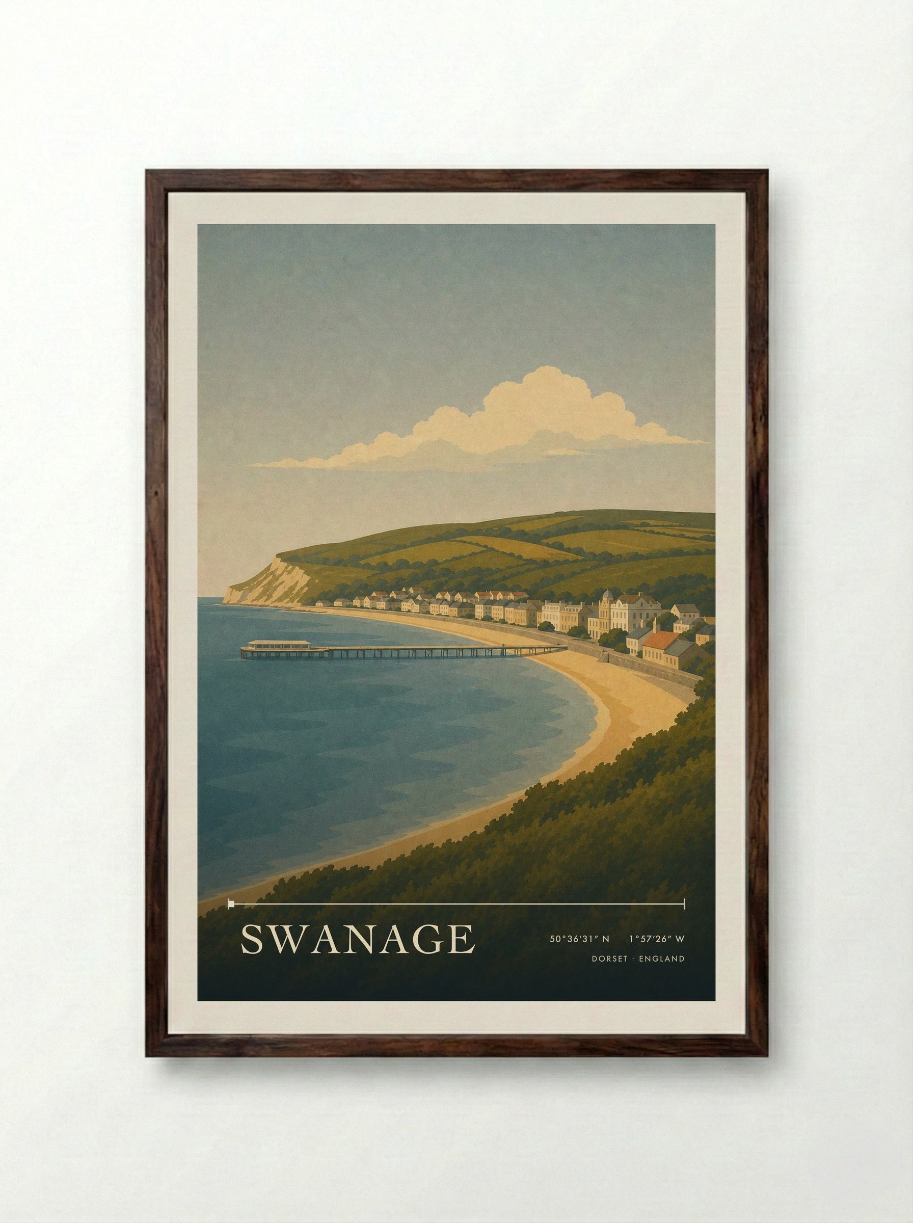 Swanage Dorset Travel Poster - Framed Print Dark Wood