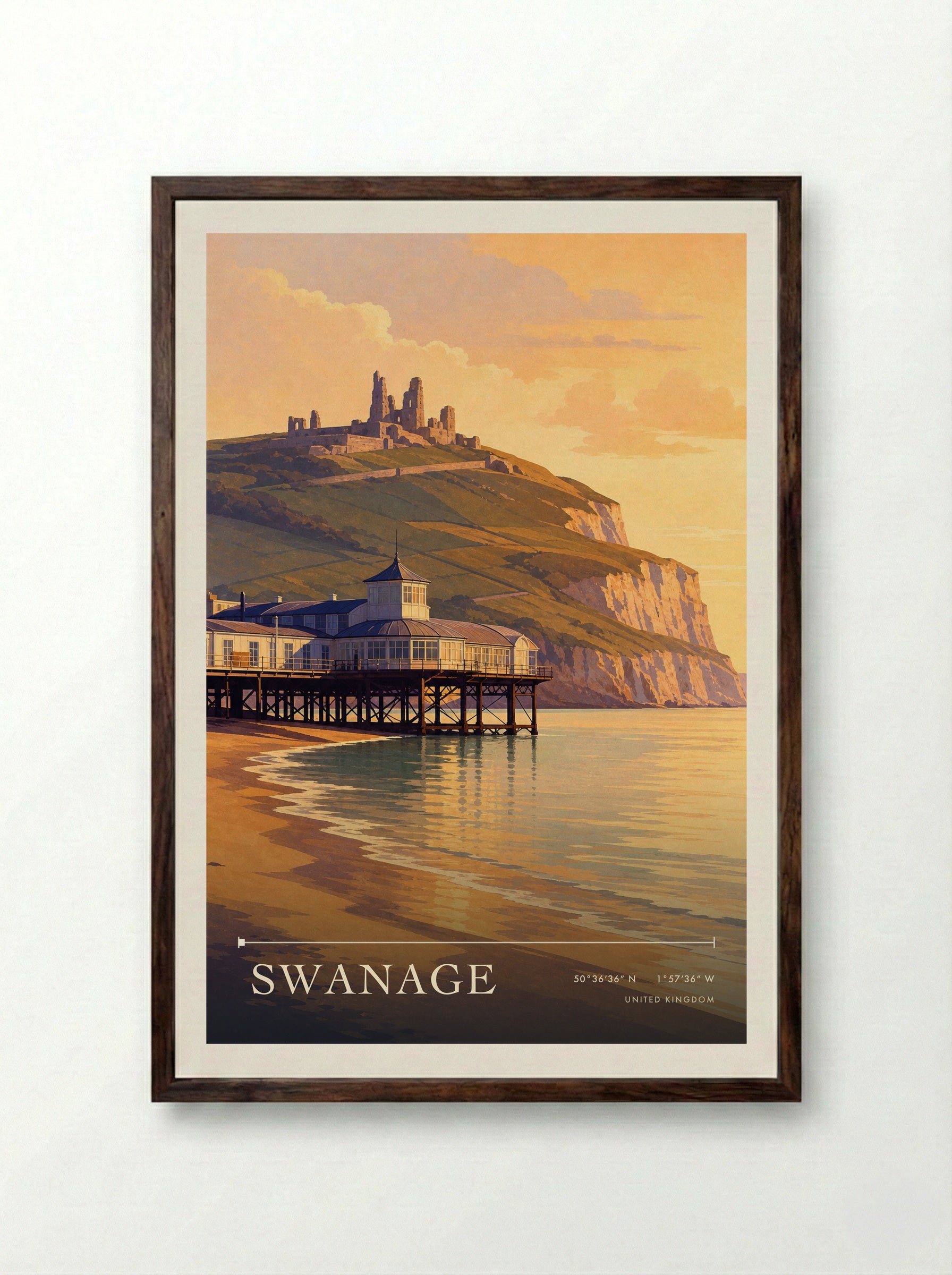 Swanage United Kingdom Travel Poster - Framed Print Dark Wood