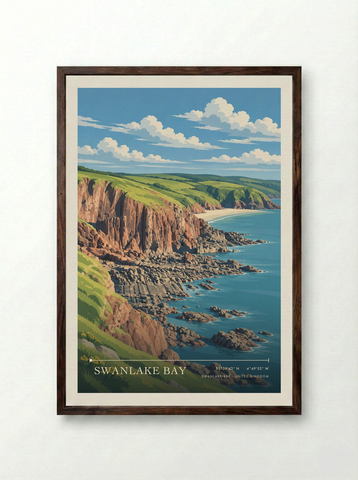 Swanlake Bay | Travel Poster - Framed Print Dark Wood