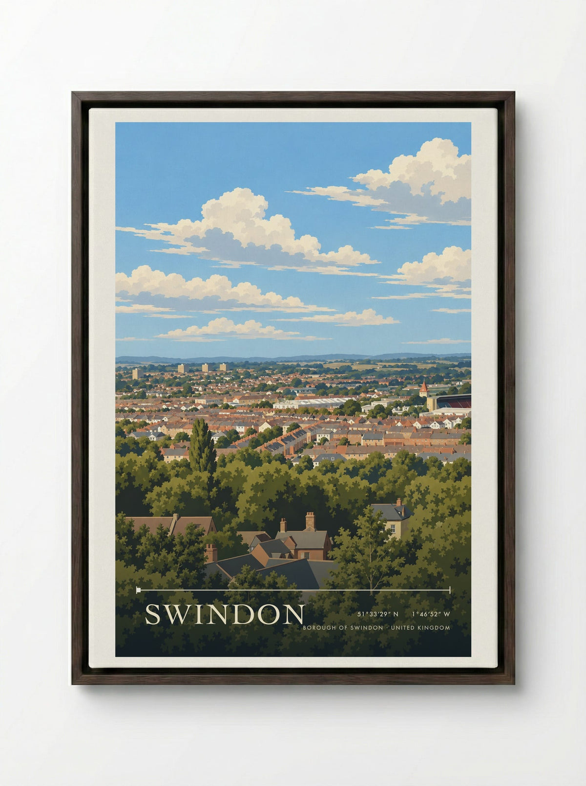 Swindon, Borough of Swindon | Travel Poster - Framed Canvas Dark Wood