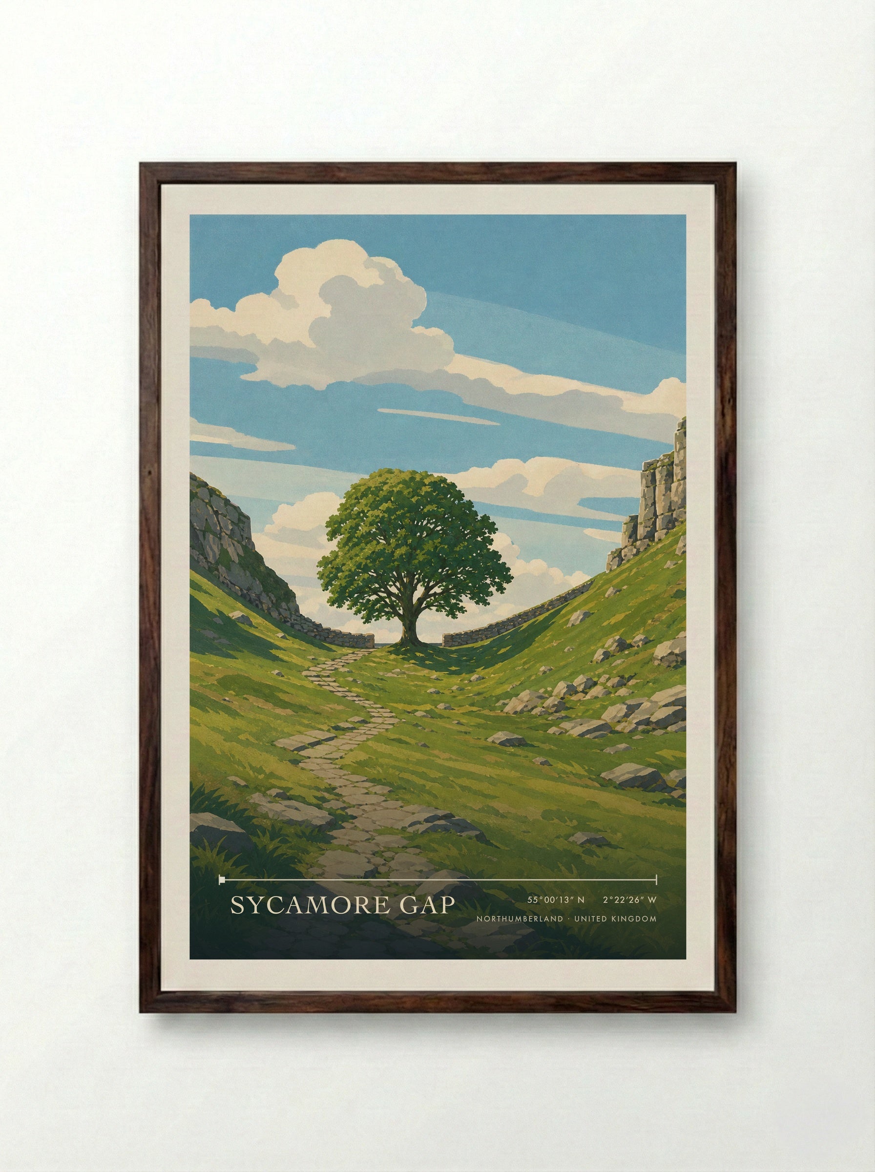 Sycamore Gap Northumberland United Kingdom Travel Poster - Framed Print Dark Wood