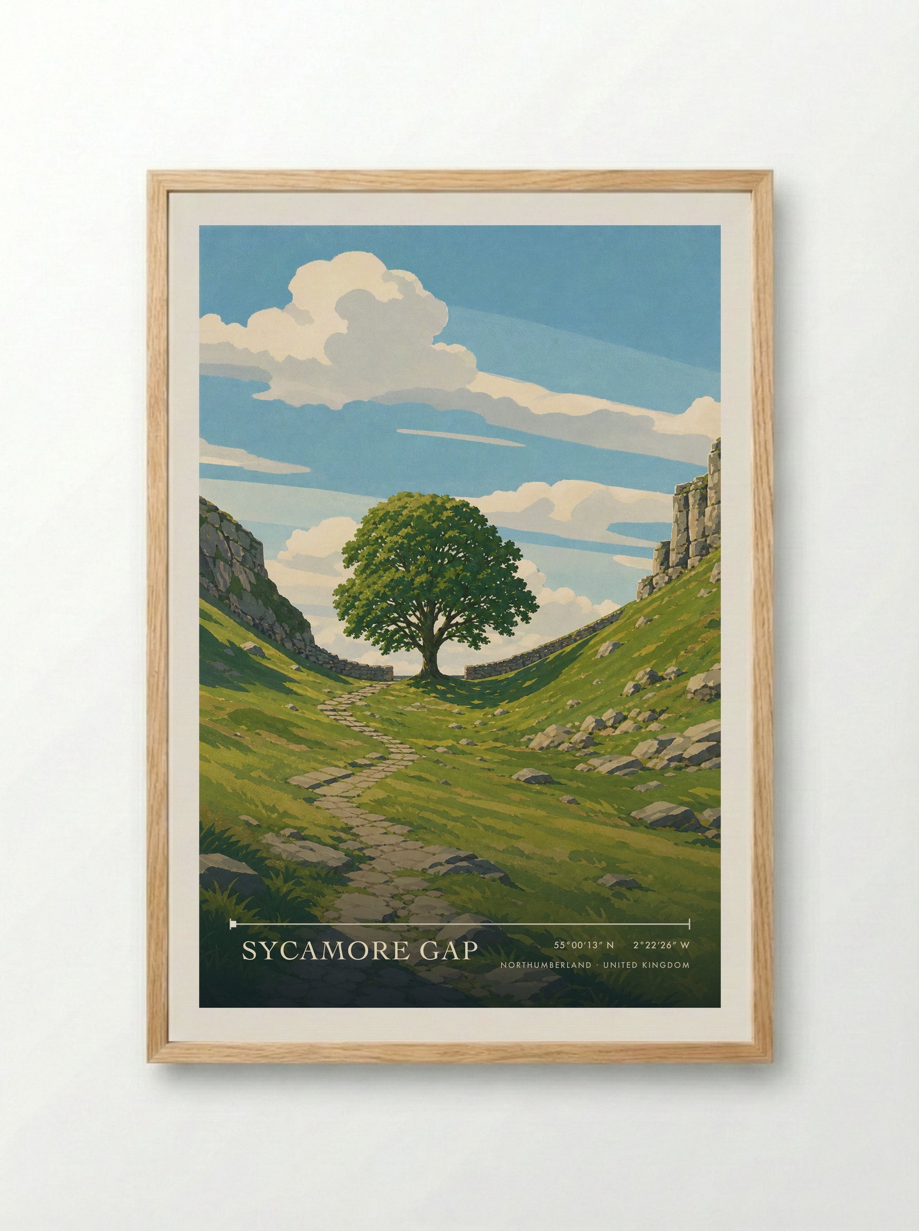 Sycamore Gap Northumberland United Kingdom Travel Poster - Framed Print Wood