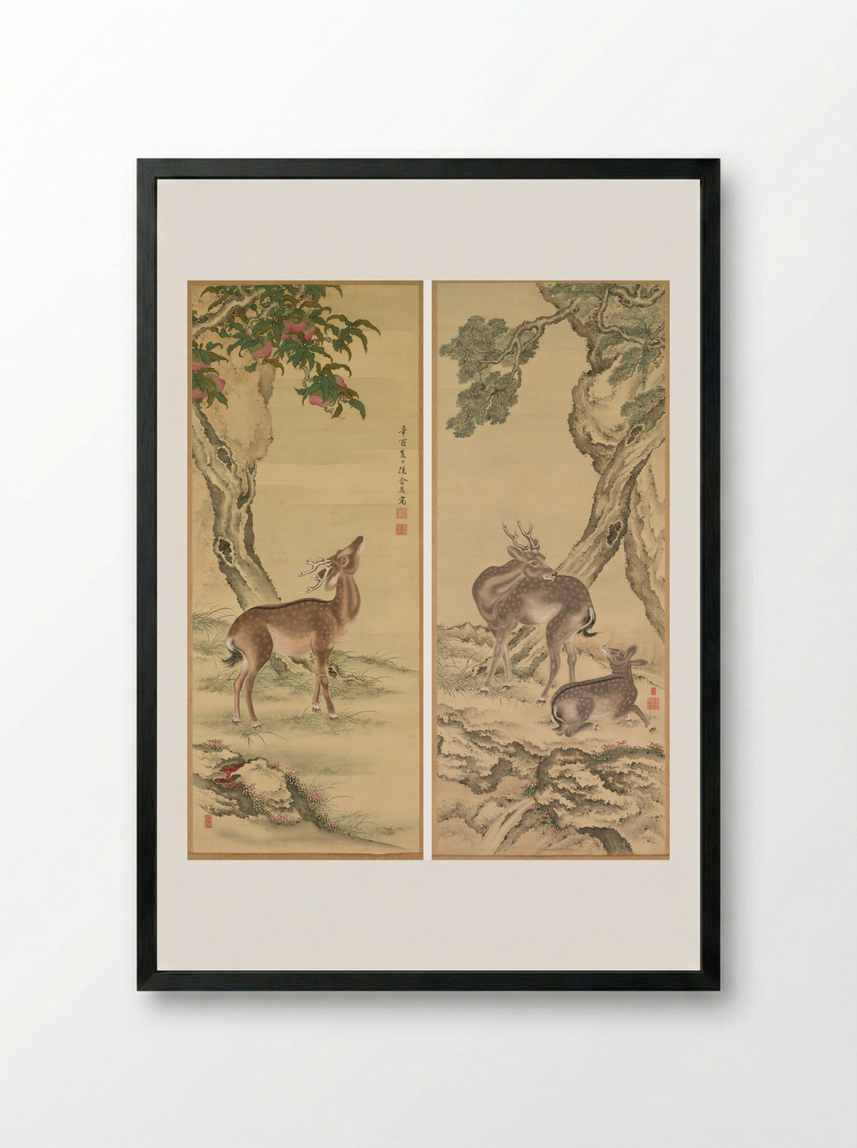 Symbols of Longevity: Deer under Peach and Pine - Toda Tadanaka - Framed Print Black
