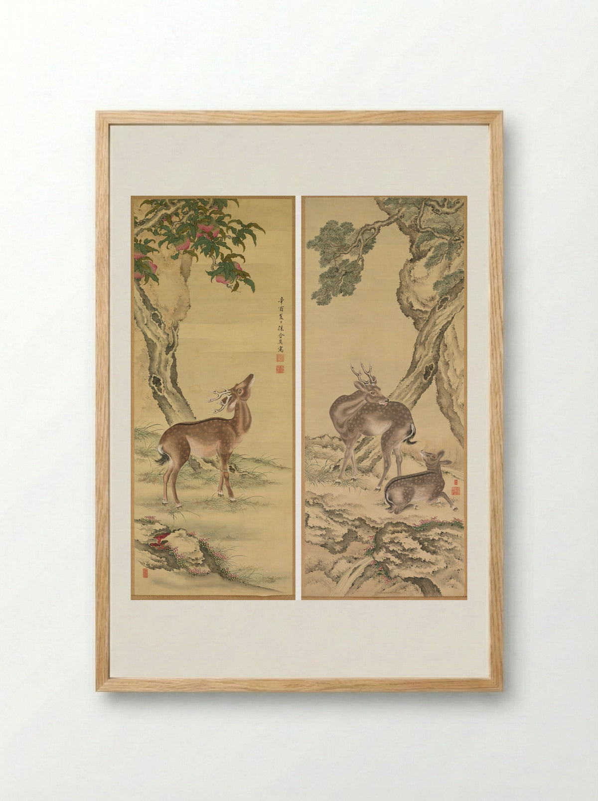 Symbols of Longevity: Deer under Peach and Pine - Toda Tadanaka - Framed Print Wood
