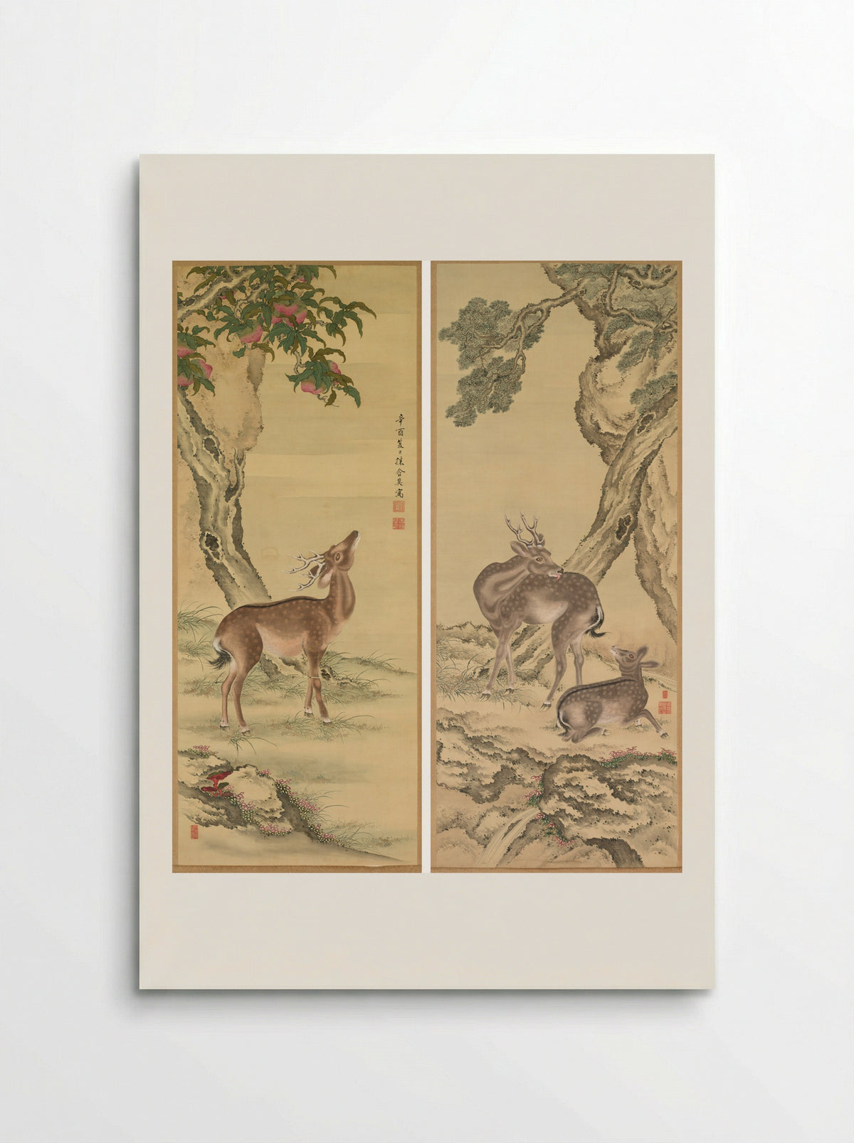 Symbols of Longevity: Deer under Peach and Pine - Toda Tadanaka - Poster