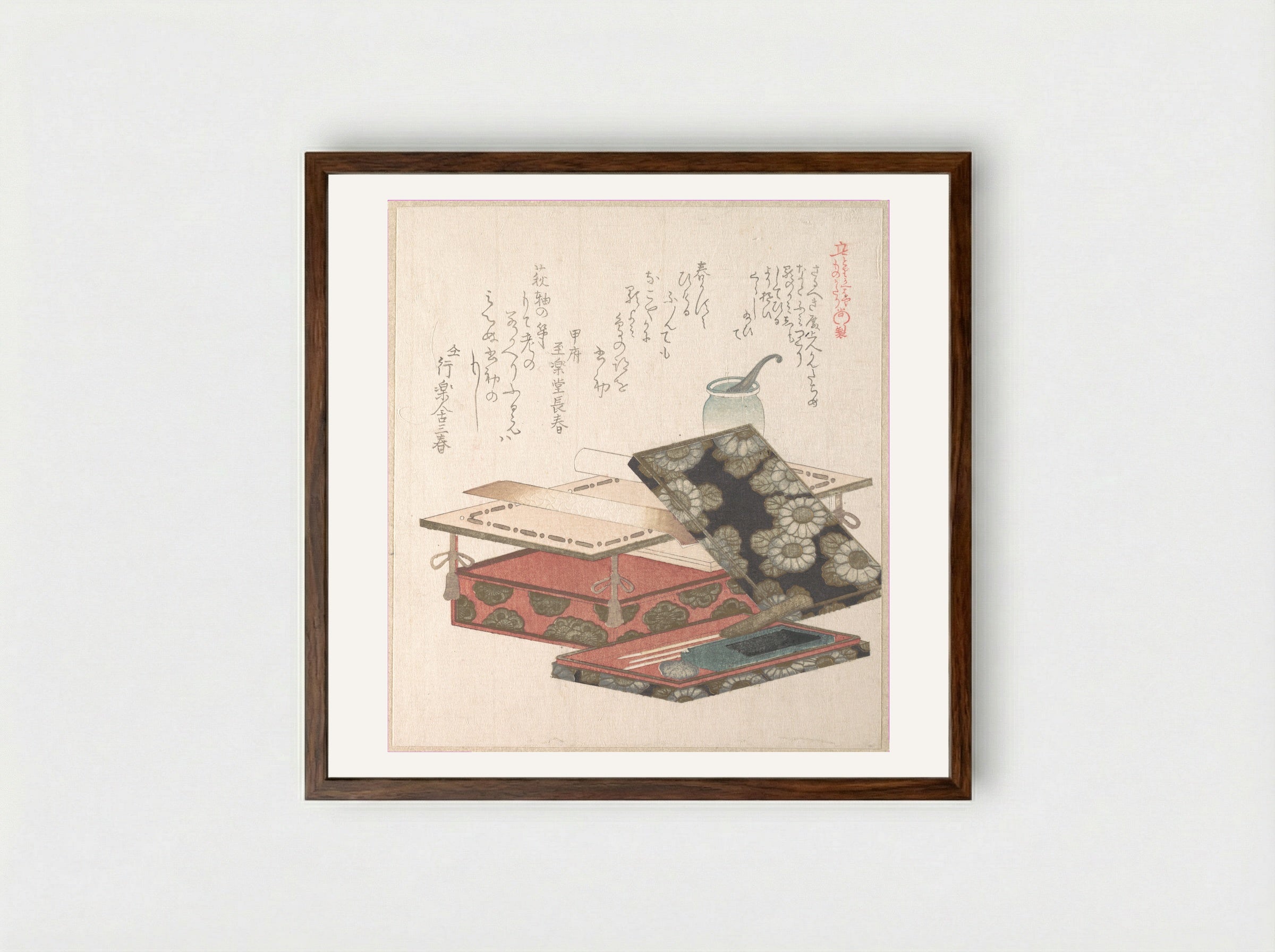 Table and Writing Set - Kubo Shunman - Framed Print Dark Wood