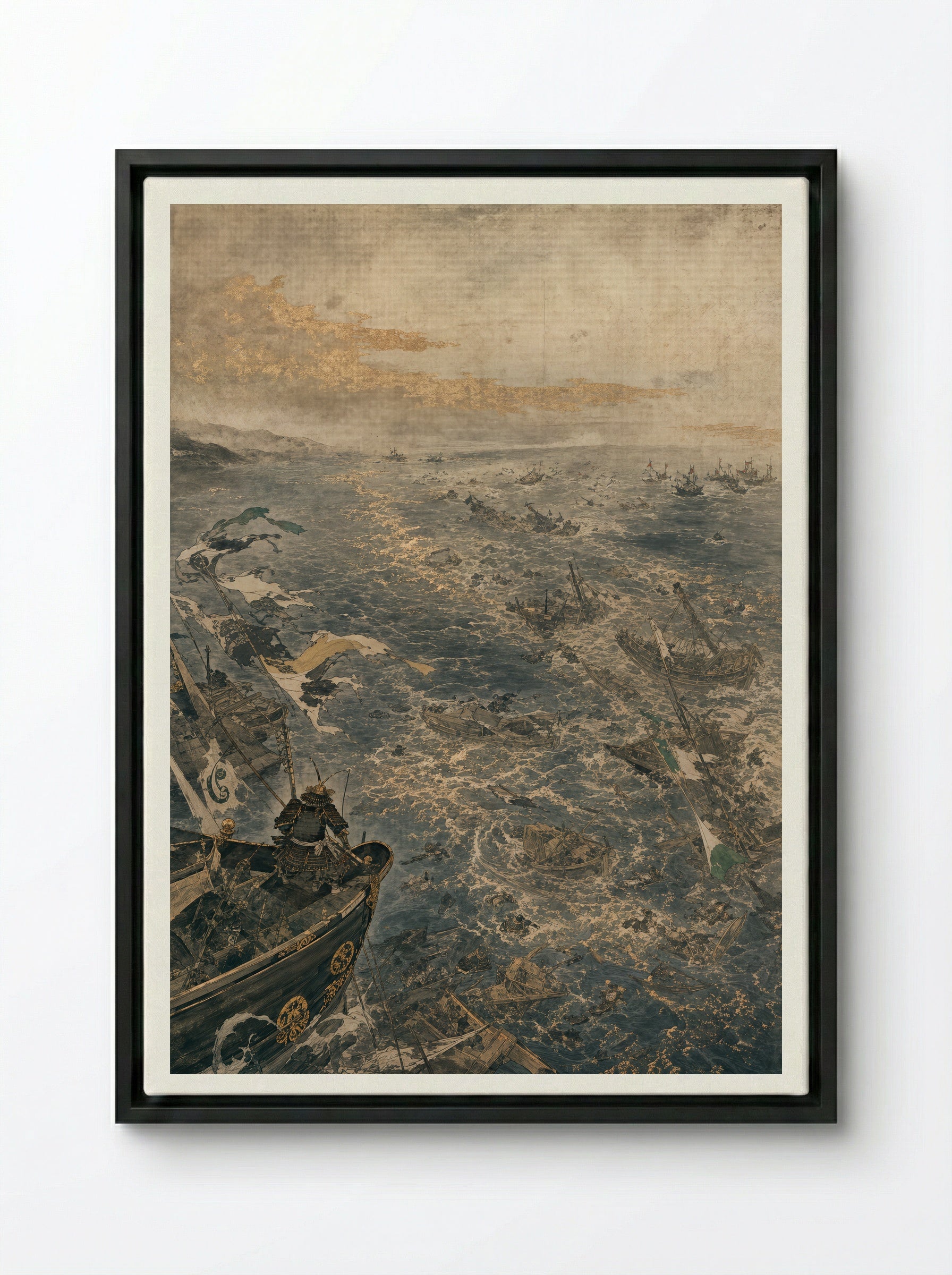 Taira no Tomomori at Dan-no-ura: The Fleet Breaks - Framed Canvas Black