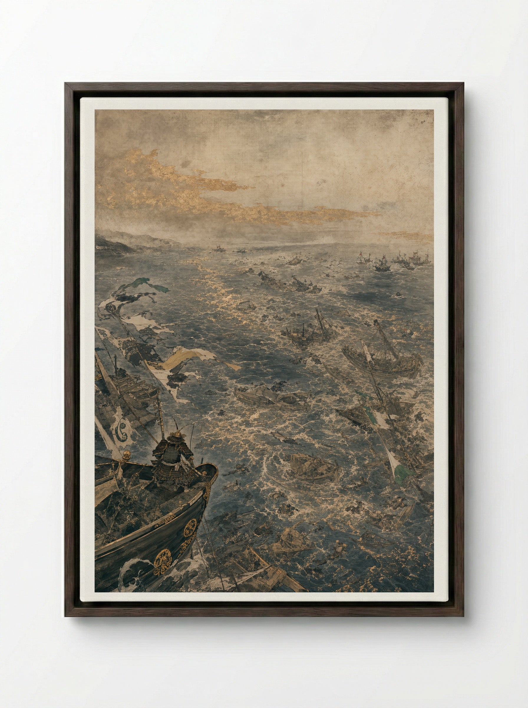 Taira no Tomomori at Dan-no-ura: The Fleet Breaks - Framed Canvas Dark Wood