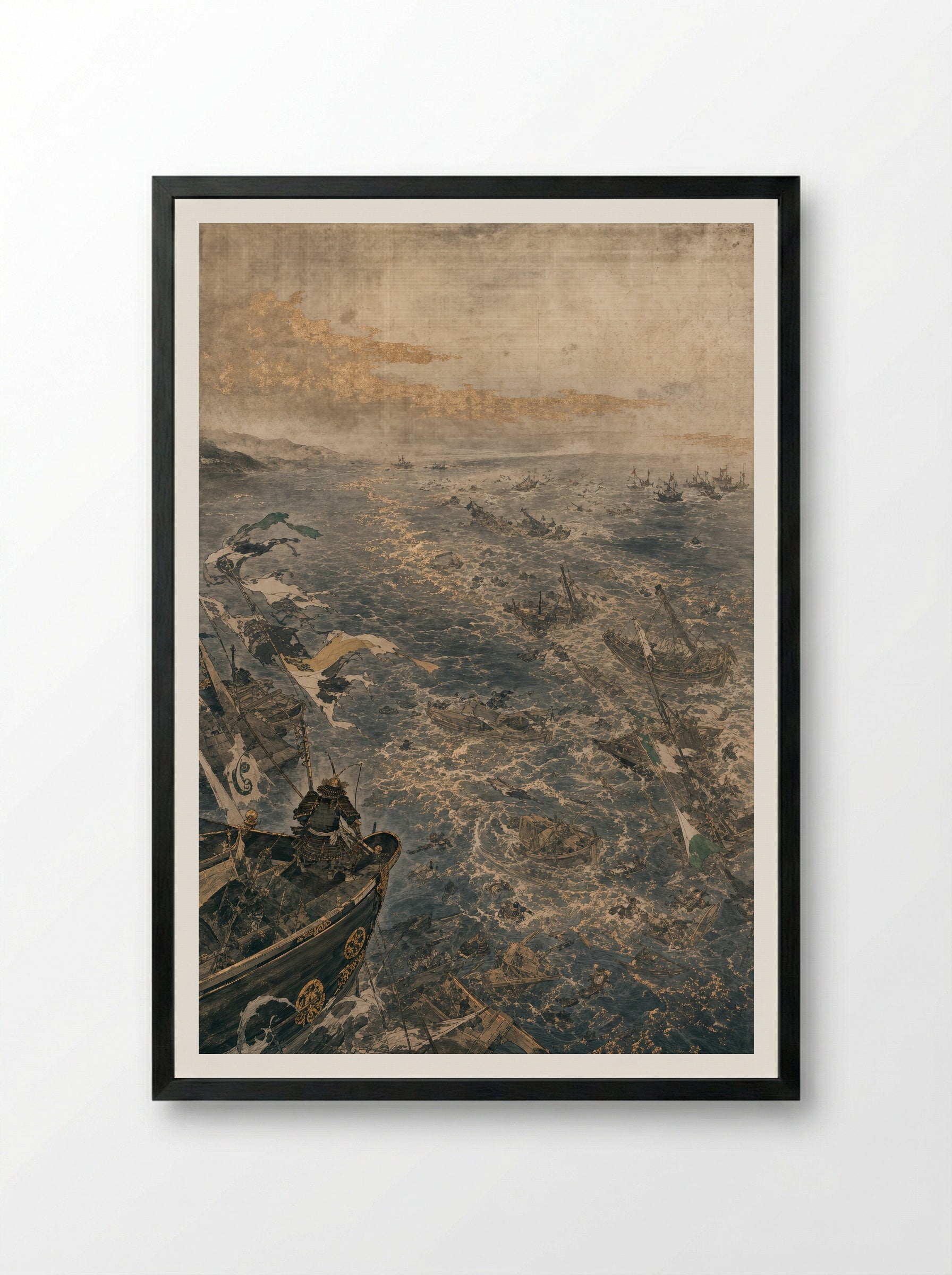 Taira no Tomomori at Dan-no-ura: The Fleet Breaks - Framed Print Black