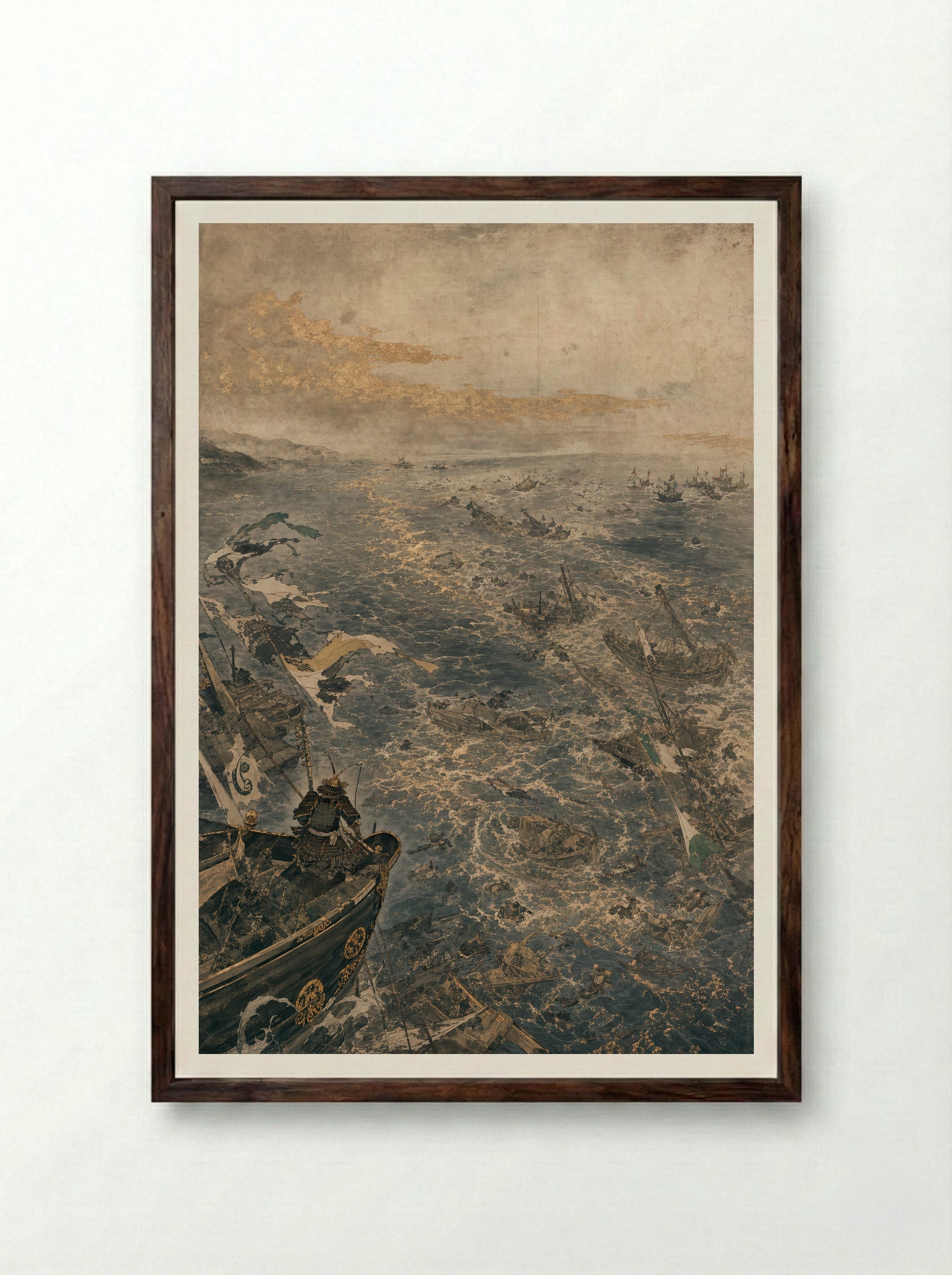 Taira no Tomomori at Dan-no-ura: The Fleet Breaks - Framed Print Dark Wood