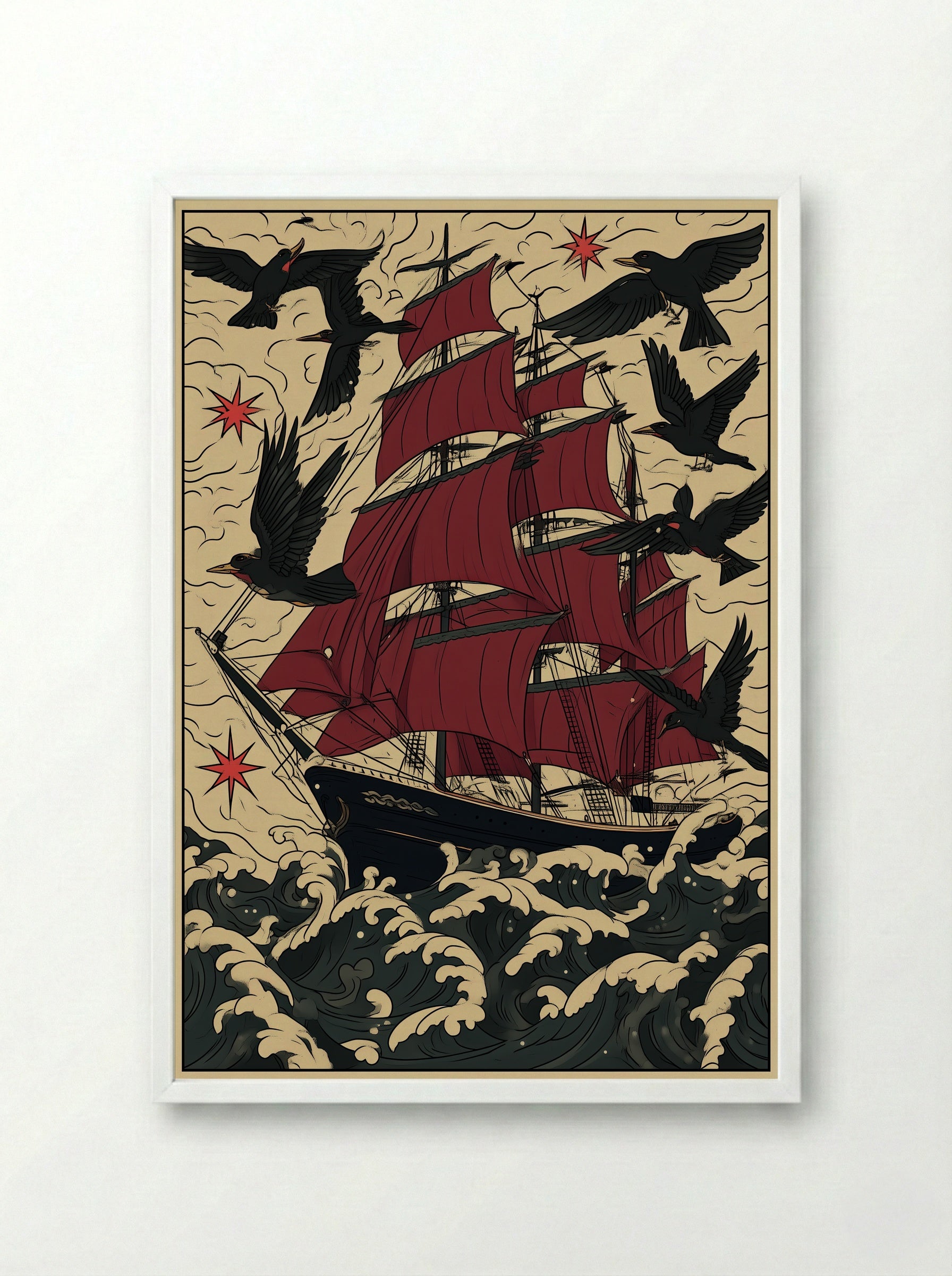 Tall Ship in Stormy Seas - Nautical Tattoo Inspired Print - Framed Print White