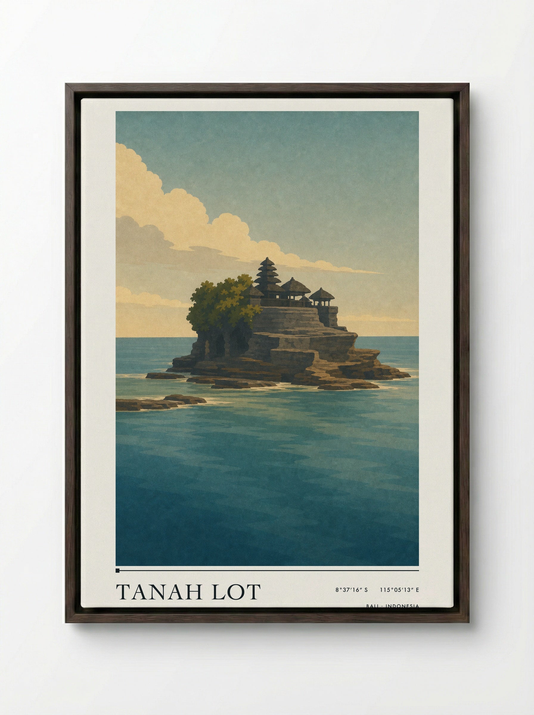 Tanah Lot Travel Poster Artwork - Framed Canvas Dark Wood