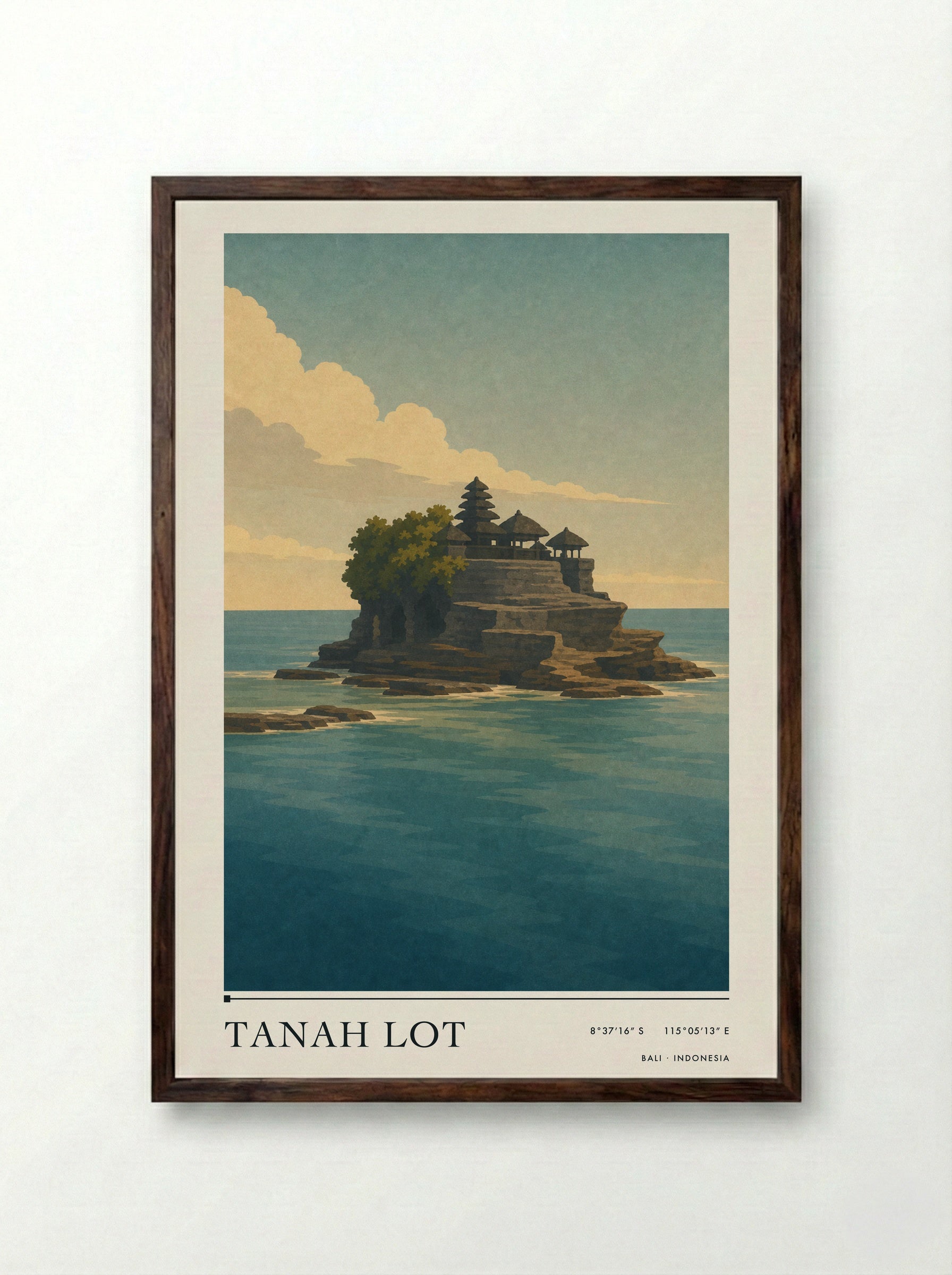 Tanah Lot Travel Poster Artwork - Framed Print Dark Wood