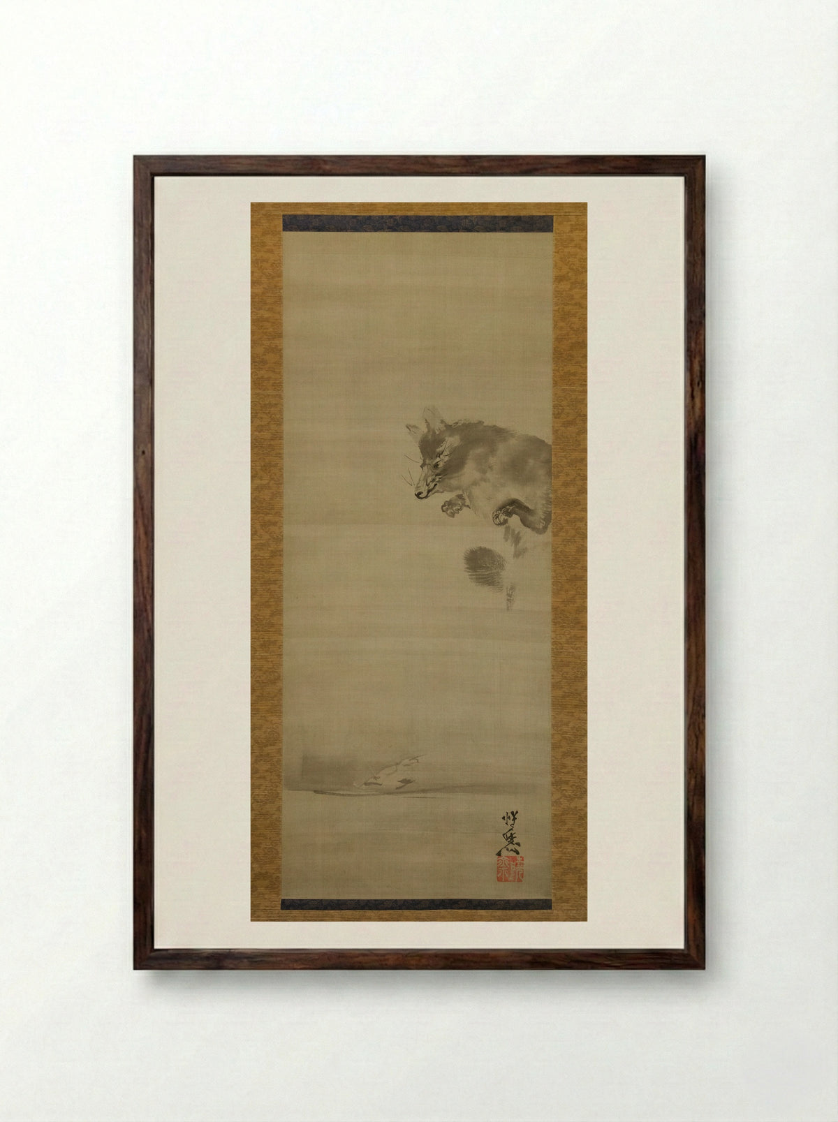Tanuki (Raccoon Dog) Viewing Its Reflection in Water - Kawanabe Kyōsai - Framed Print Dark Wood
