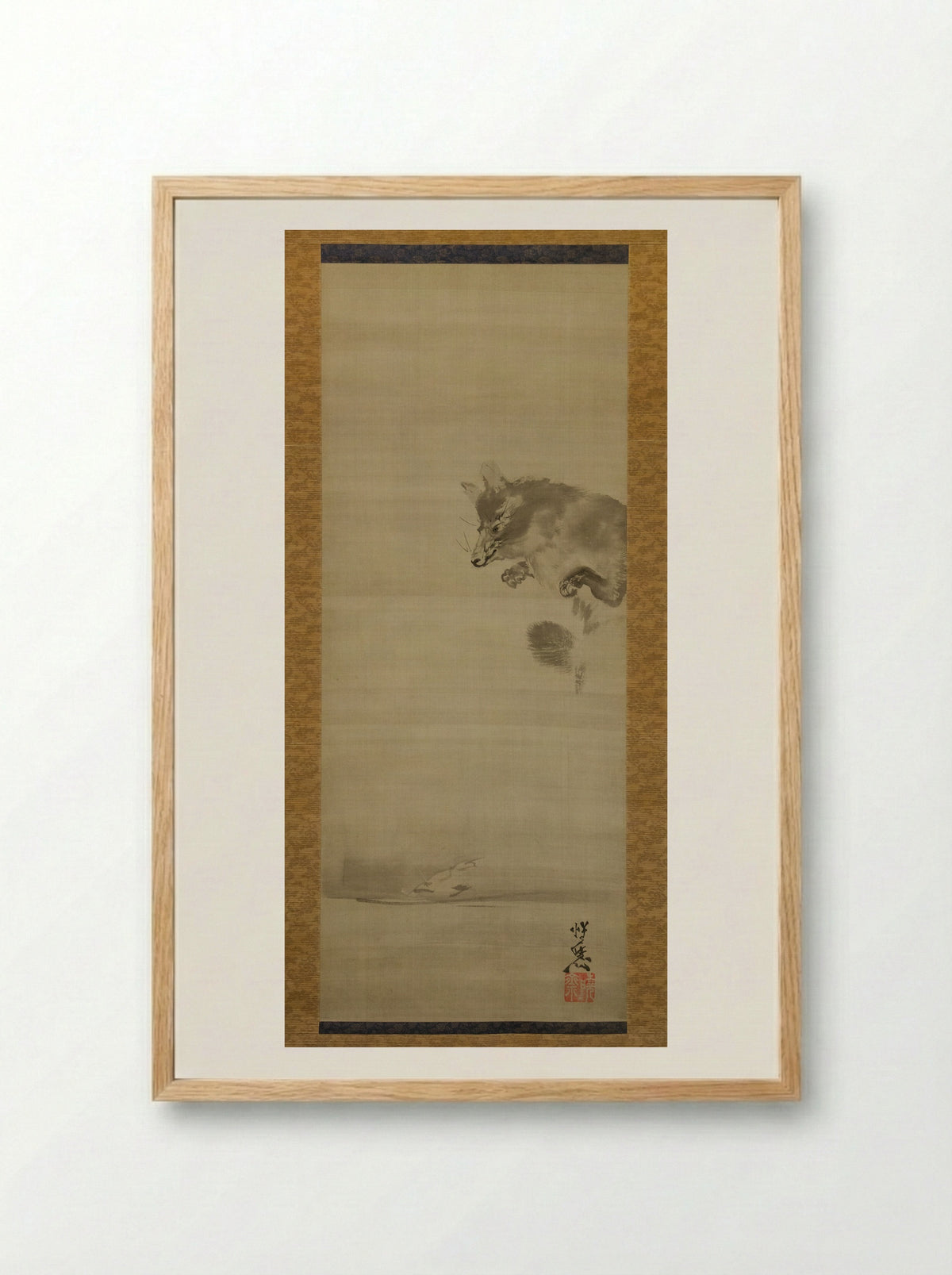 Tanuki (Raccoon Dog) Viewing Its Reflection in Water - Kawanabe Kyōsai - Framed Print Wood