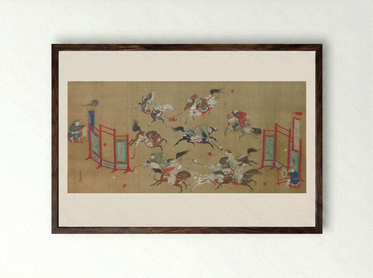 Tartars Playing Polo - Kano Eisen'in Furunobu - Framed Print Dark Wood