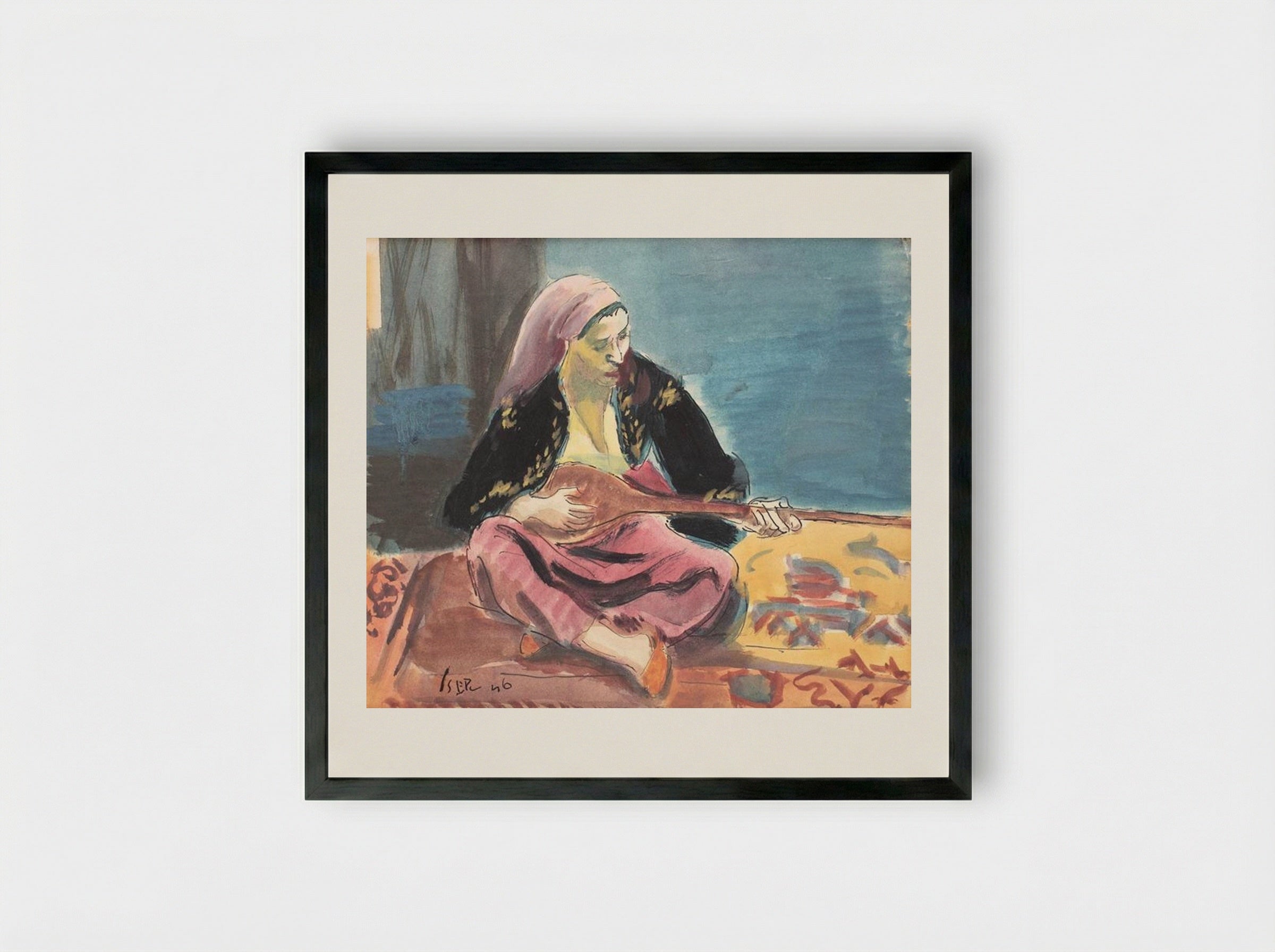 Tatar Woman With Mandoline - Iosif Iser - Framed Print Black