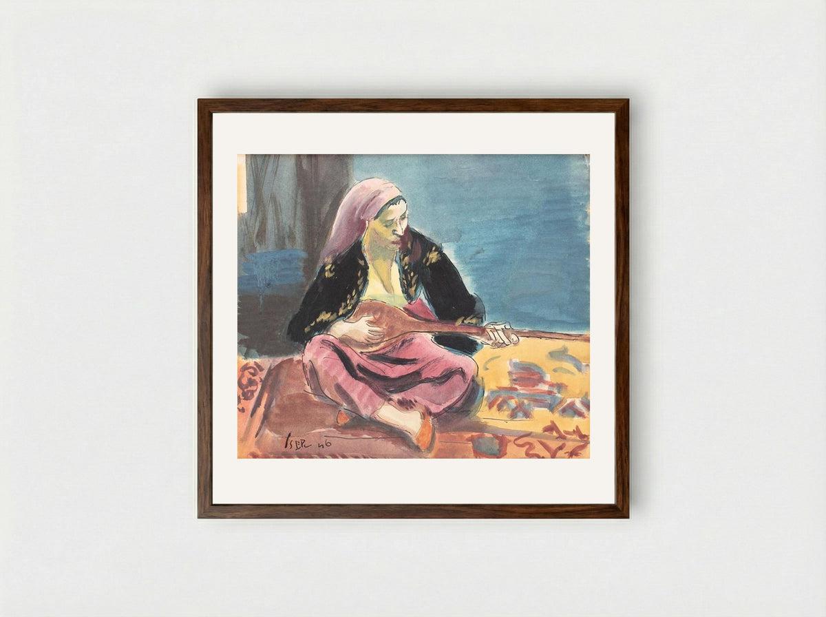 Tatar Woman With Mandoline - Iosif Iser - Framed Print Dark Wood