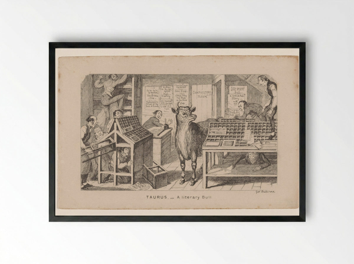 Taurus - A Literary Bull - George Cruikshank - Framed Print Black