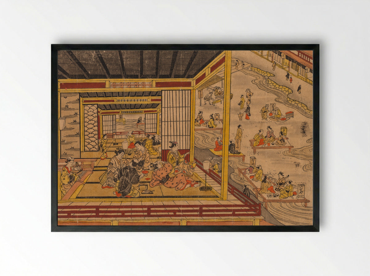 Tea House Beside the Kamo River in Kyoto - Nishimura Shigenaga - Framed Print Black