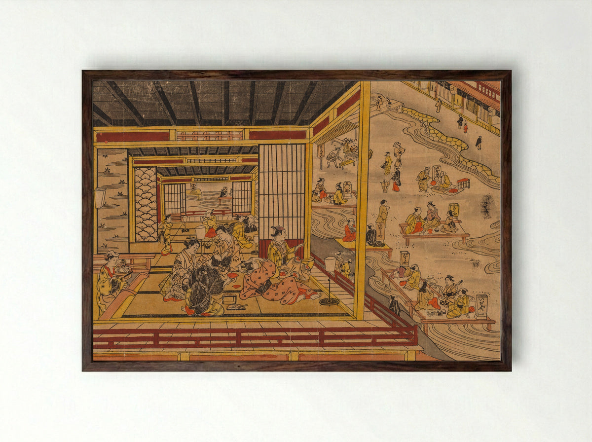 Tea House Beside the Kamo River in Kyoto - Nishimura Shigenaga - Framed Print Dark Wood