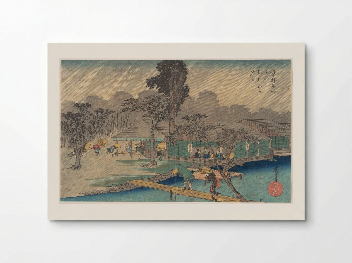 Tea-houses on the Bank of the Tadasu River in a Shower - Utagawa Hiroshige - Poster