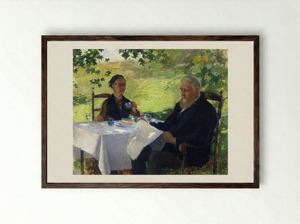 Tea on the Porch - Willard Metcalf - Framed Print Dark Wood