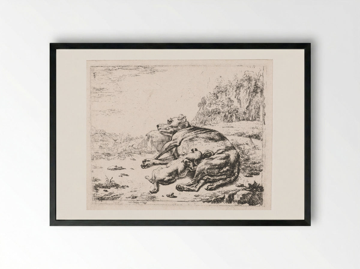 Teef voedt haar jong (Bitch Nursing Her Puppy) - Johan le Ducq - Framed Print Black