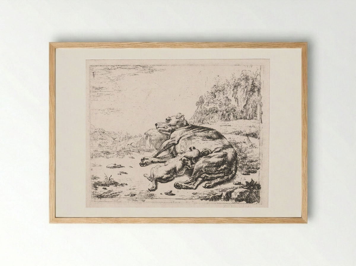 Teef voedt haar jong (Bitch Nursing Her Puppy) - Johan le Ducq - Framed Print Wood