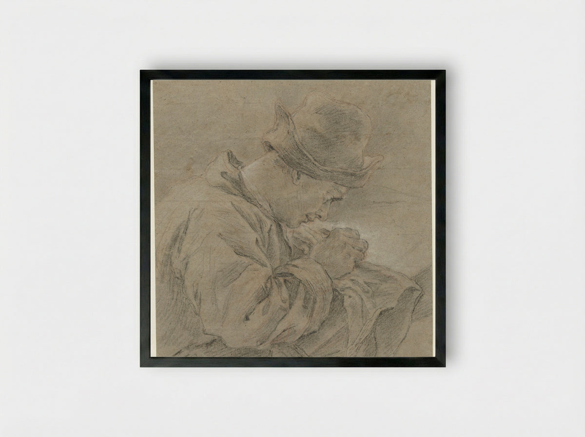 Tekenaar aan het werk, van opzij gezien - Carle van Loo - Framed Print Black