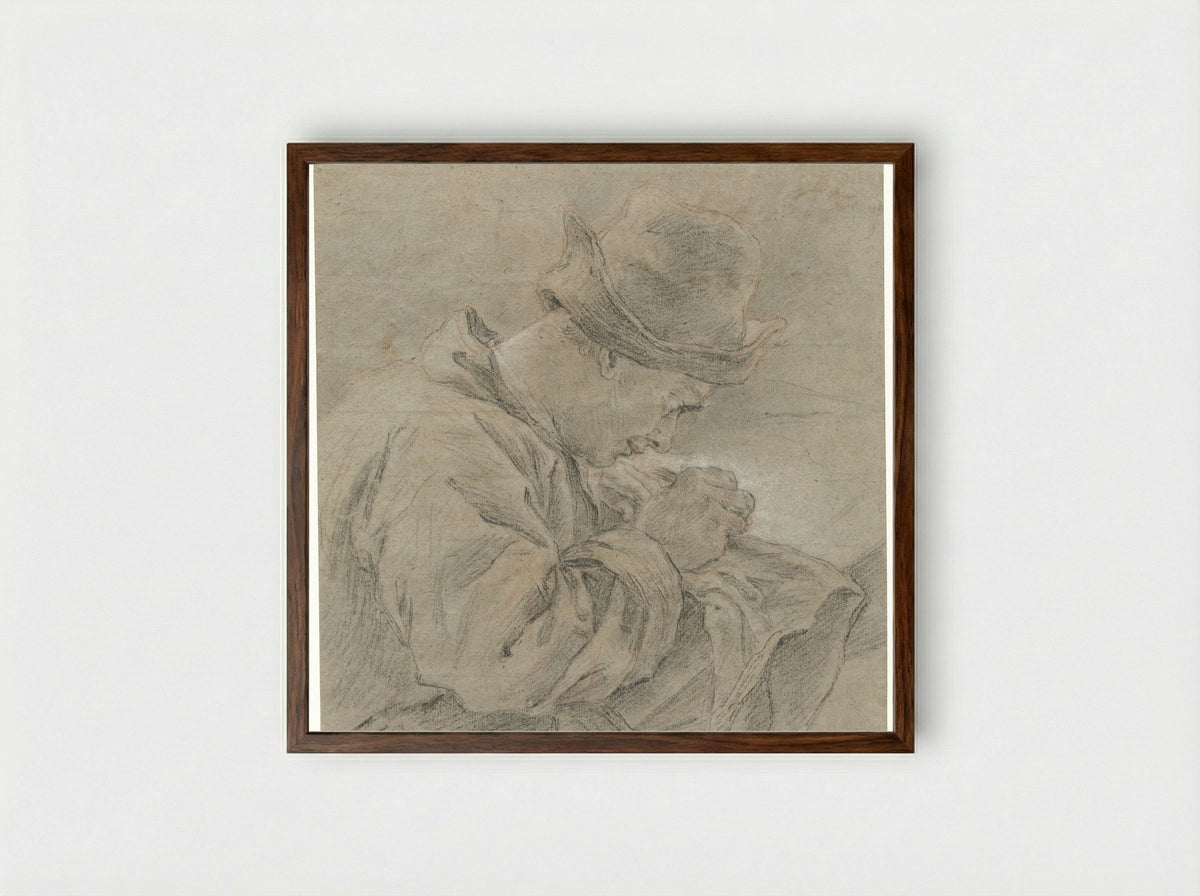 Tekenaar aan het werk, van opzij gezien - Carle van Loo - Framed Print Dark Wood