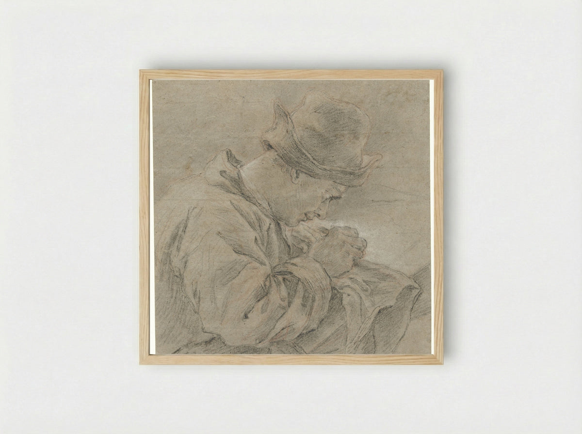 Tekenaar aan het werk, van opzij gezien - Carle van Loo - Framed Print Wood