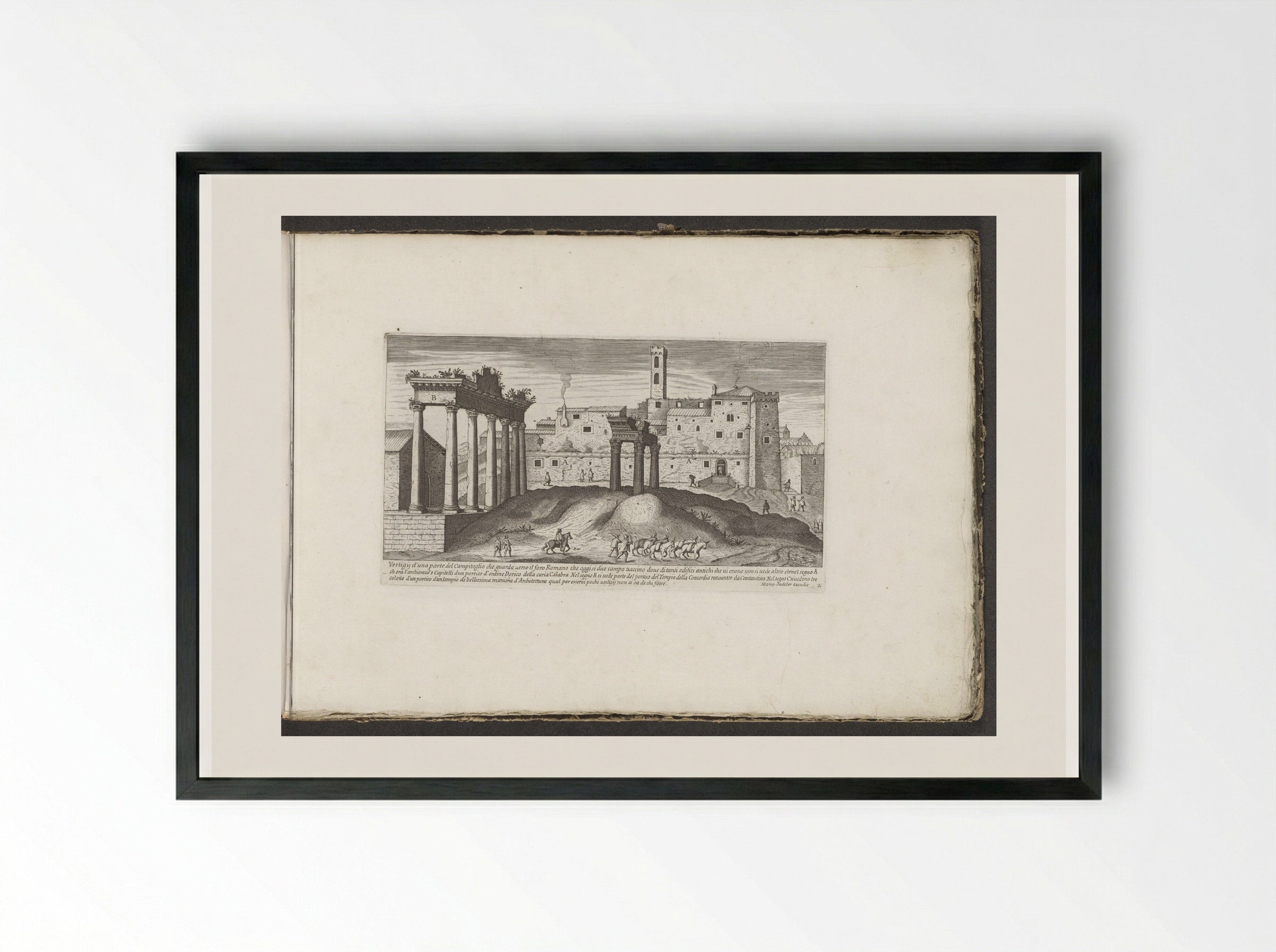 Tempel van Saturnus en de Tempel van Vespasianus - Giovanni Giacomo de' Rossi - Framed Print Black